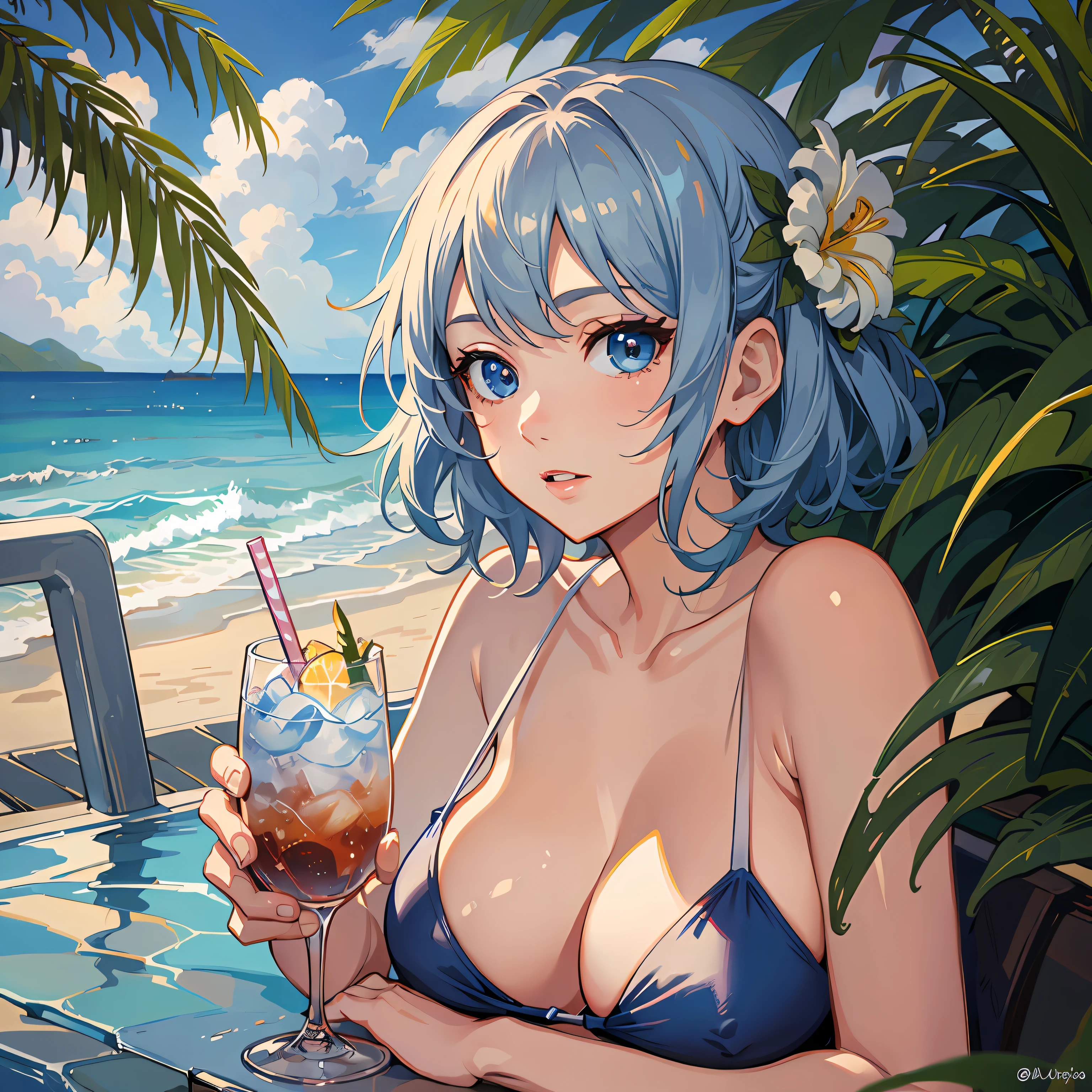 Girl sitting by the sea wearing white translucent bikini，Drinking orange juice，Head up at the sky，Legs straight，One hand on your leg，White hair spreads out and flutters in the wind，full bodyesbian --auto