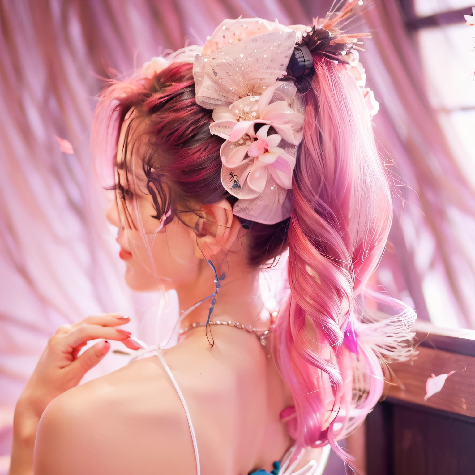 (Extremely detailed CG unity 8k wallpaper,tmasterpiece,best qualtiy,super detailing), ancient wind, (The girl wears a rose-headed flower, Ingenious wrinkles,Delicate pink bow hair accessories,Beautiful headbands and buns),(Dynamic coiled hair,Curly bangs,White ponytail and Sekimican floral ornaments,Wear a ponytail with pink accessories,Middle metaverse decoration,Flowing ponytail,Messy ponytail,Light pink lacey accessories),,falling flower petals,Cool sand creek,Elegant light pink. --auto