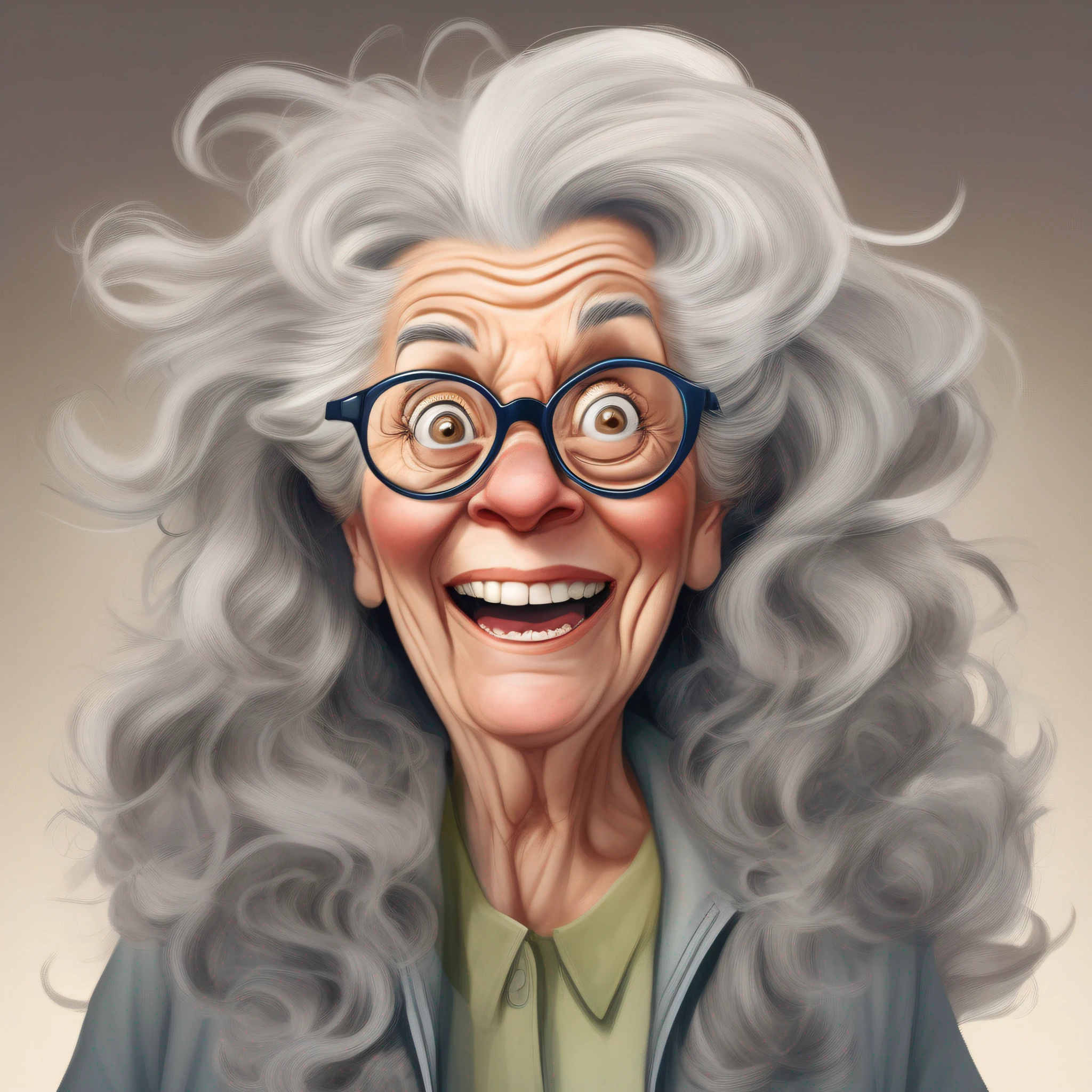 Caricature of a 75-year-old gray-haired woman with glasses and an insanely, ridiculously large crop of unruly out-of-control hair