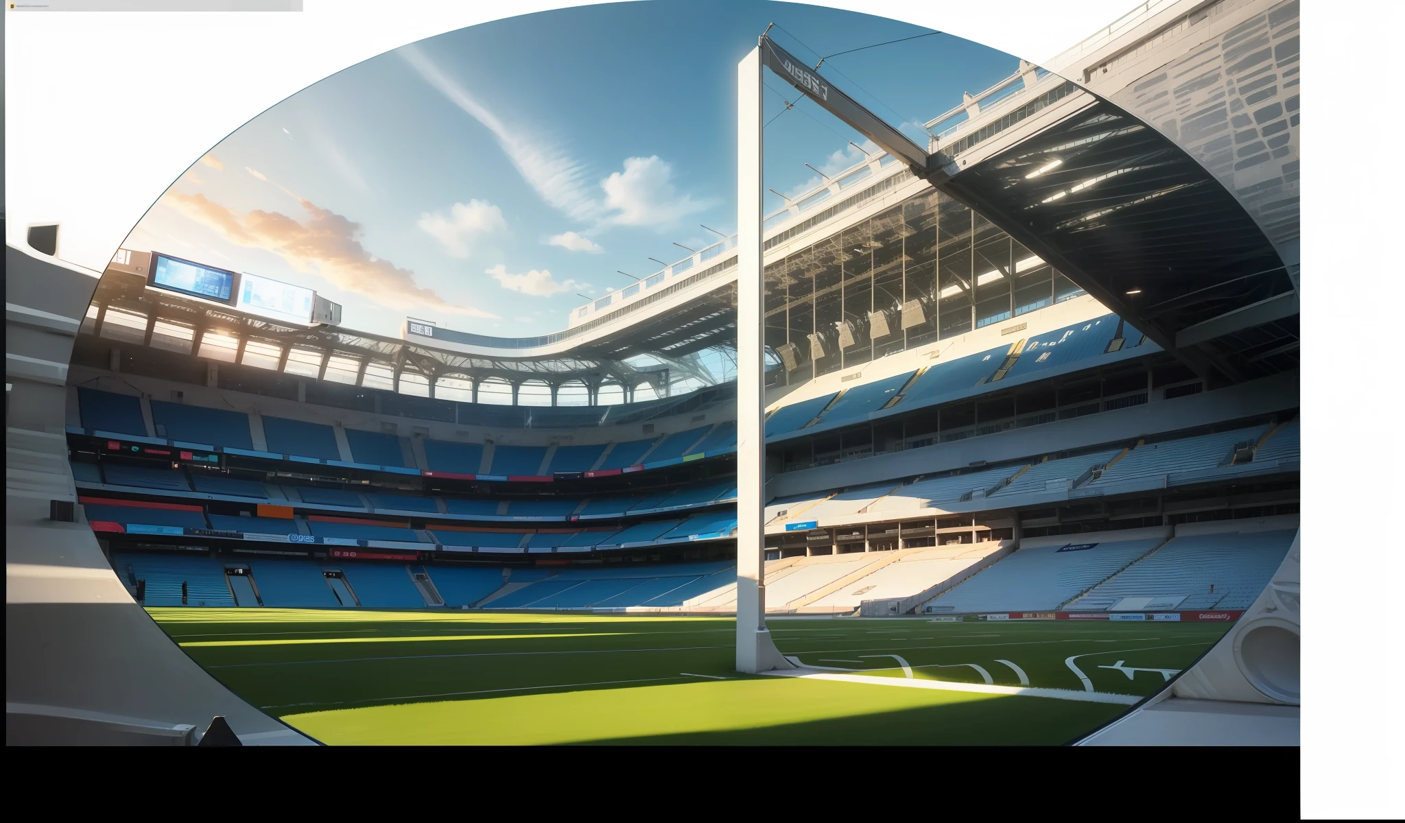 With white as the main body,Blue is the secondary color,Golden light,Add a metallic touch,Add modern mechanical gears to white parts,The stadium and green areas in the picture will not be changed,Create promotional images