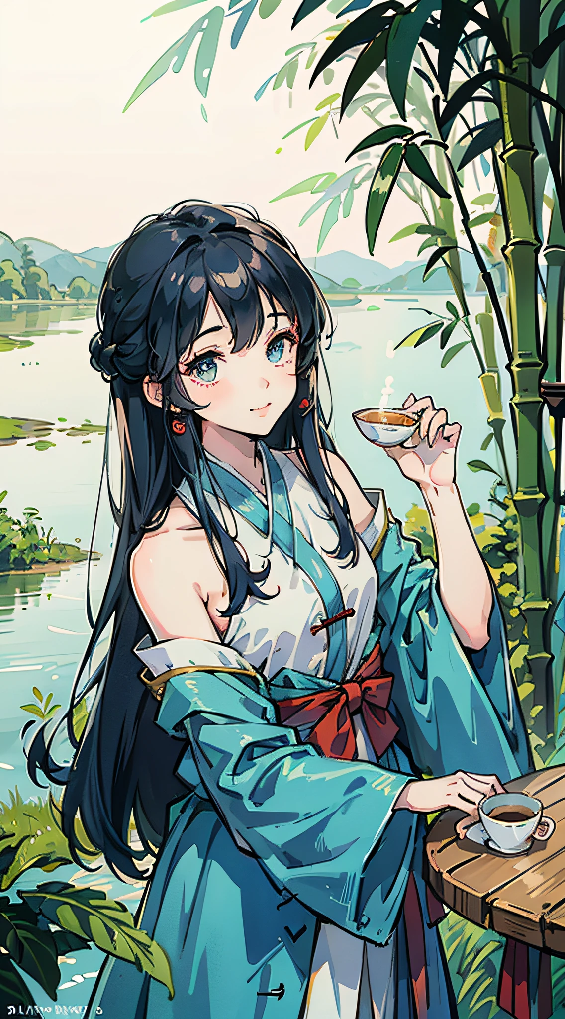 Masterpiece, best quality, official art, 8k wallpaper, highly detailed, illustration, 1 girl, sky blue hair, long hair, detailed eyes, Forrest Gump, bare shoulders, hanfu, lake, pure, soft smile, bamboo, tea