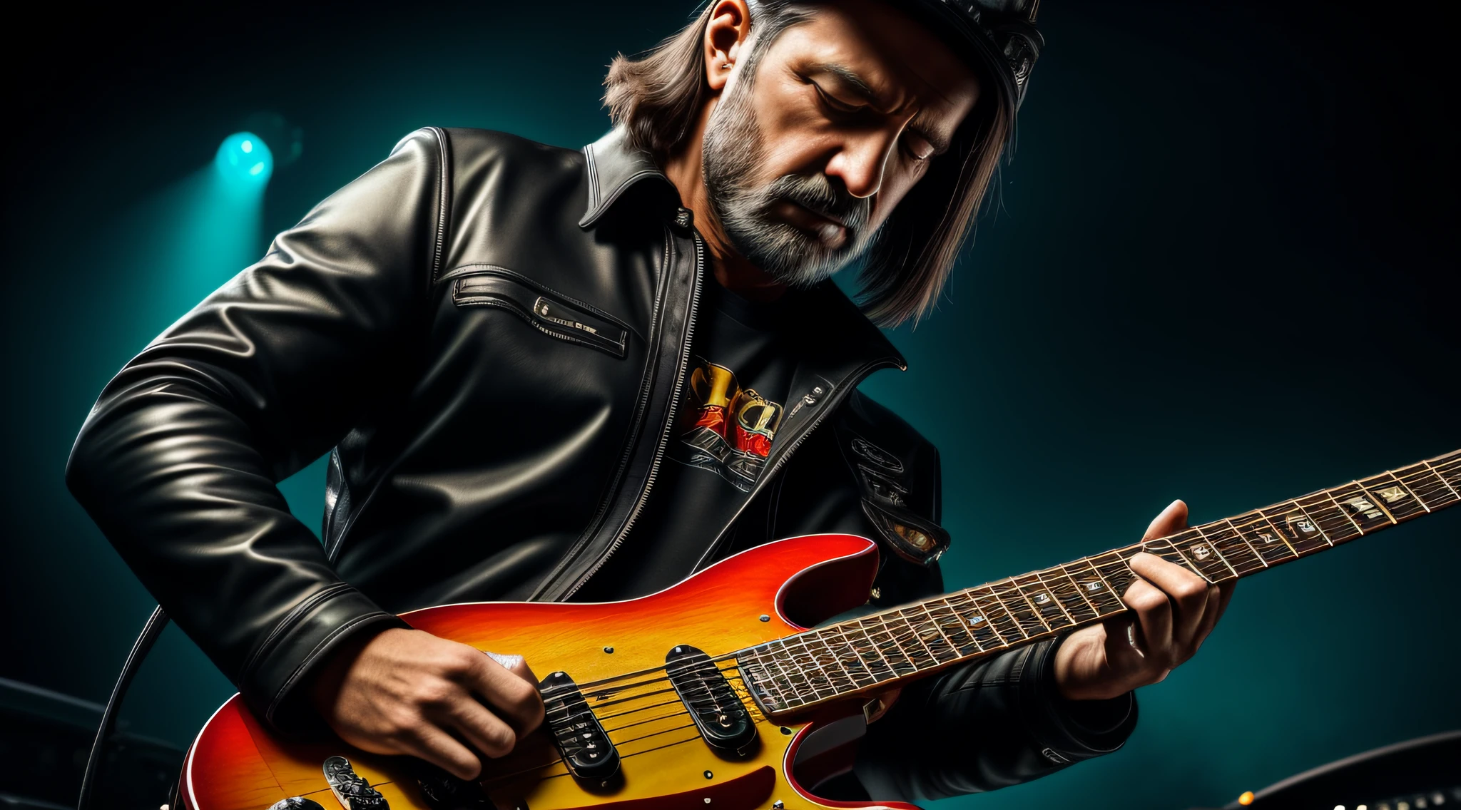 a portrait of hard rock guitar player ,intrinsic details, masterpiece, hyper realistic , hd , 8k
