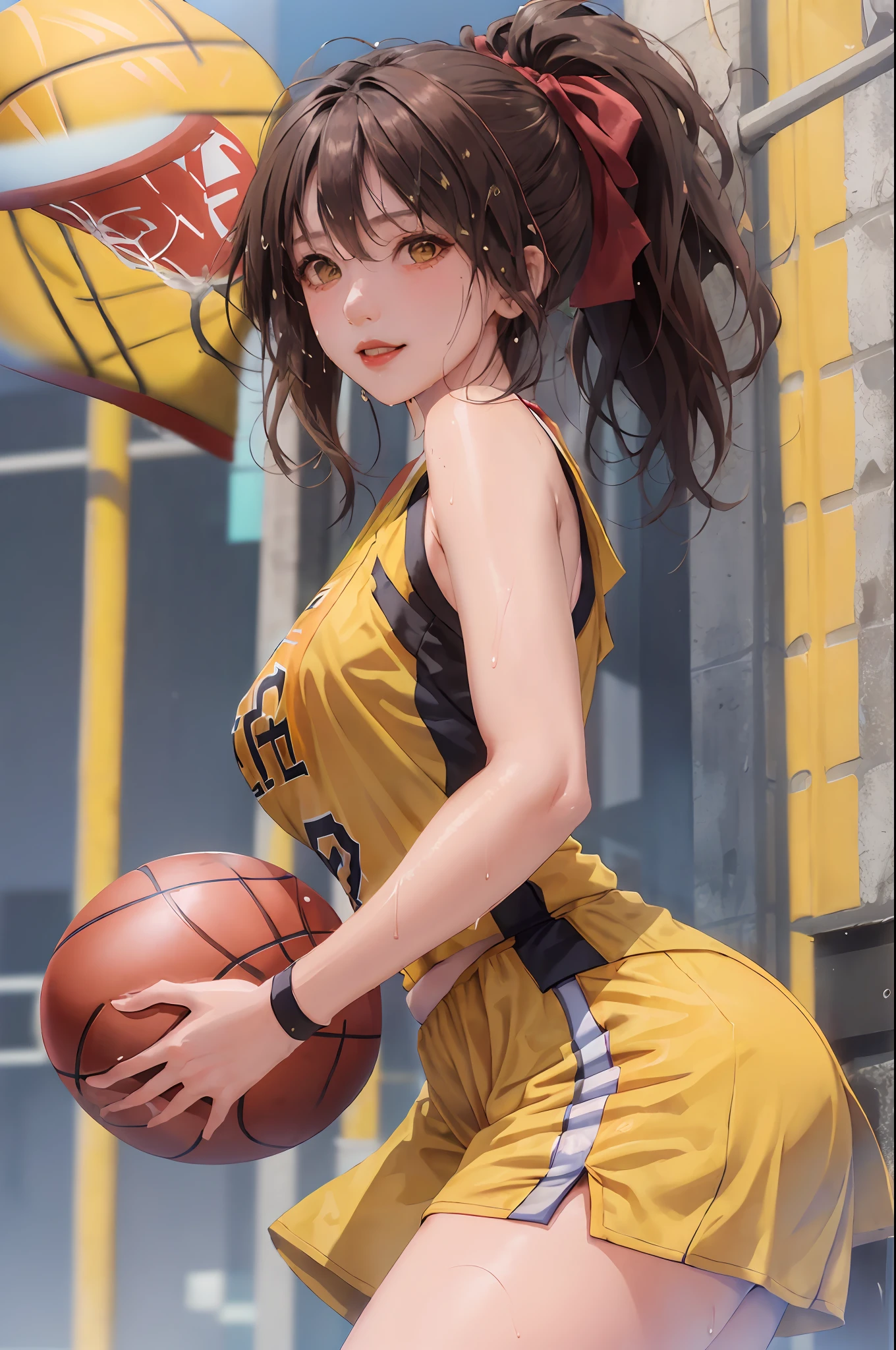 Masterpiece: 1.2, best quality), realistic, (real picture, rich details details, depth of field), (1girl, solo), smile, delicate facial features, makeup, high detail, perfect face shape, (big breasts: 1.4), ( skindentation ), thick thighs, wide hips, thin waist, tall, coral, red lips, red eyes, ponytail, (((((basketball girl, yellow basketball suit)))), (sweat: 1.2), (wet), sexy, blushing, sweaty