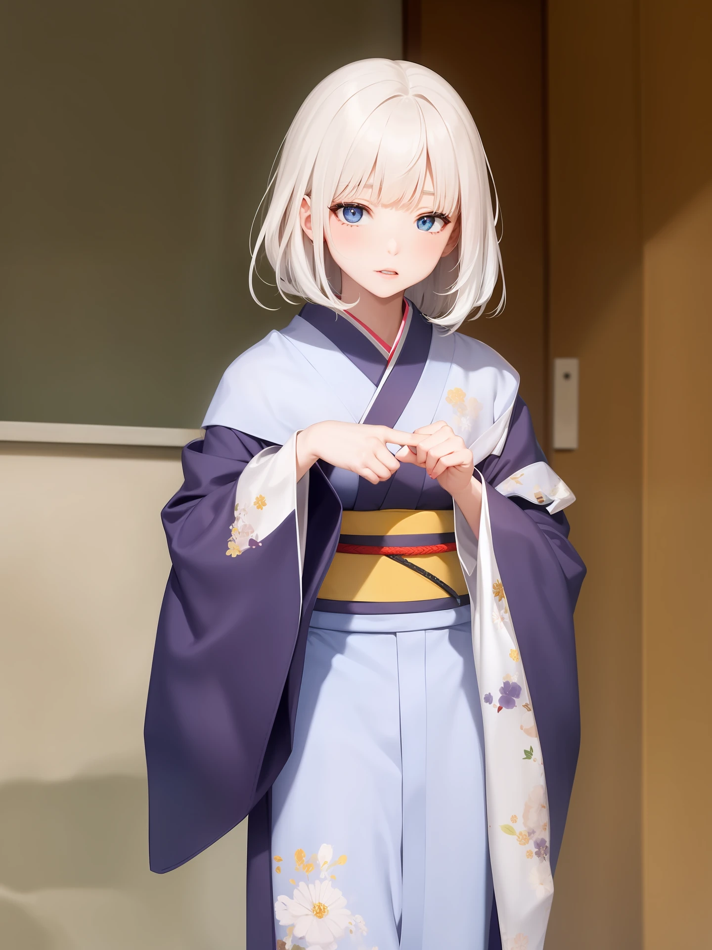 The white-haired kimono is dull and cold, and the girl is quiet