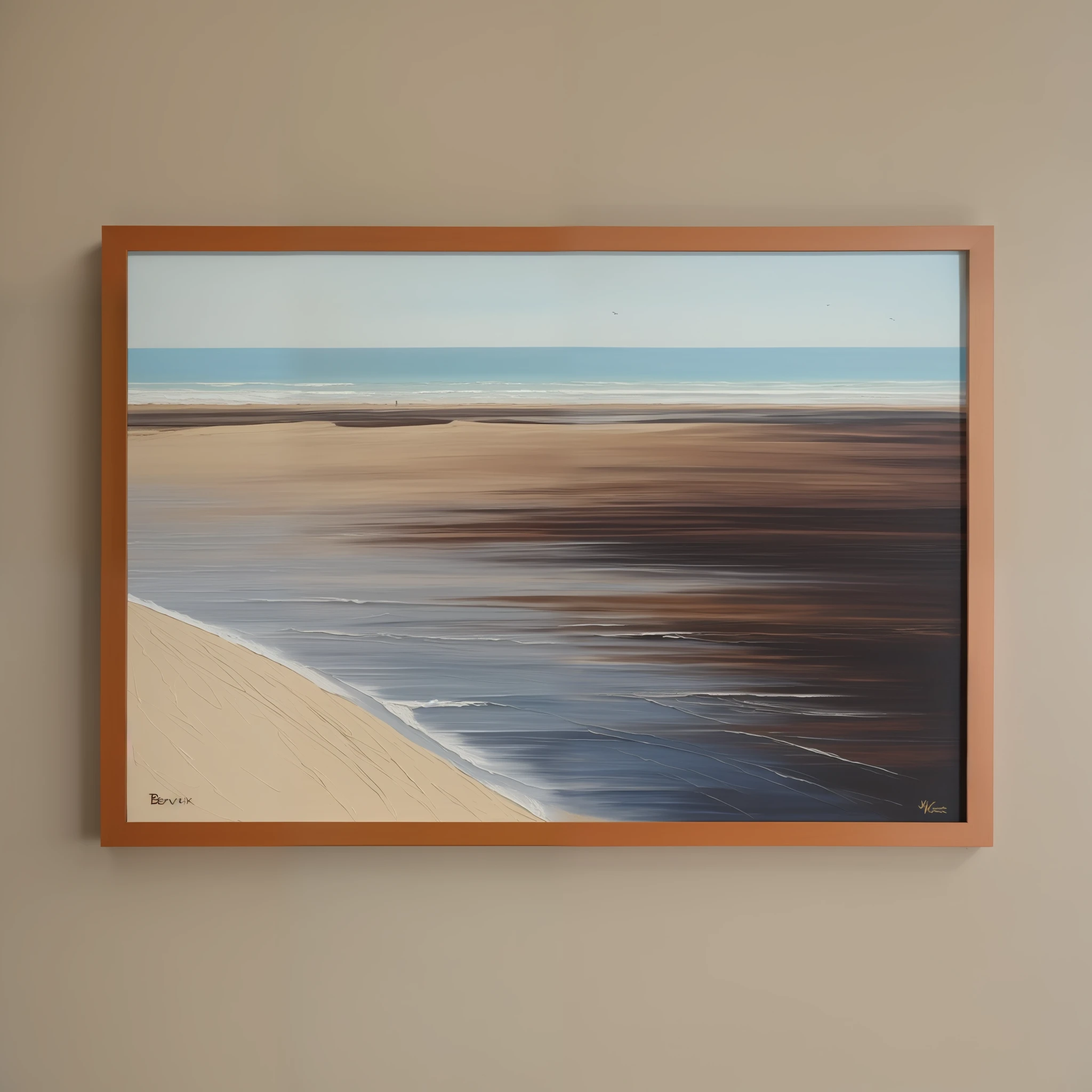 Beach scene painting with brown frame on the wall, painting of a sand landscape, Wooden wall with frame art, 4k oil on linen, framed in image, 4K painting photos, Cloth paint, A painting, photo of a painting, Ultra-fine detail spray painting, benjamin vnuk, Large-scale photos, 8K resolution.oil on the canvas