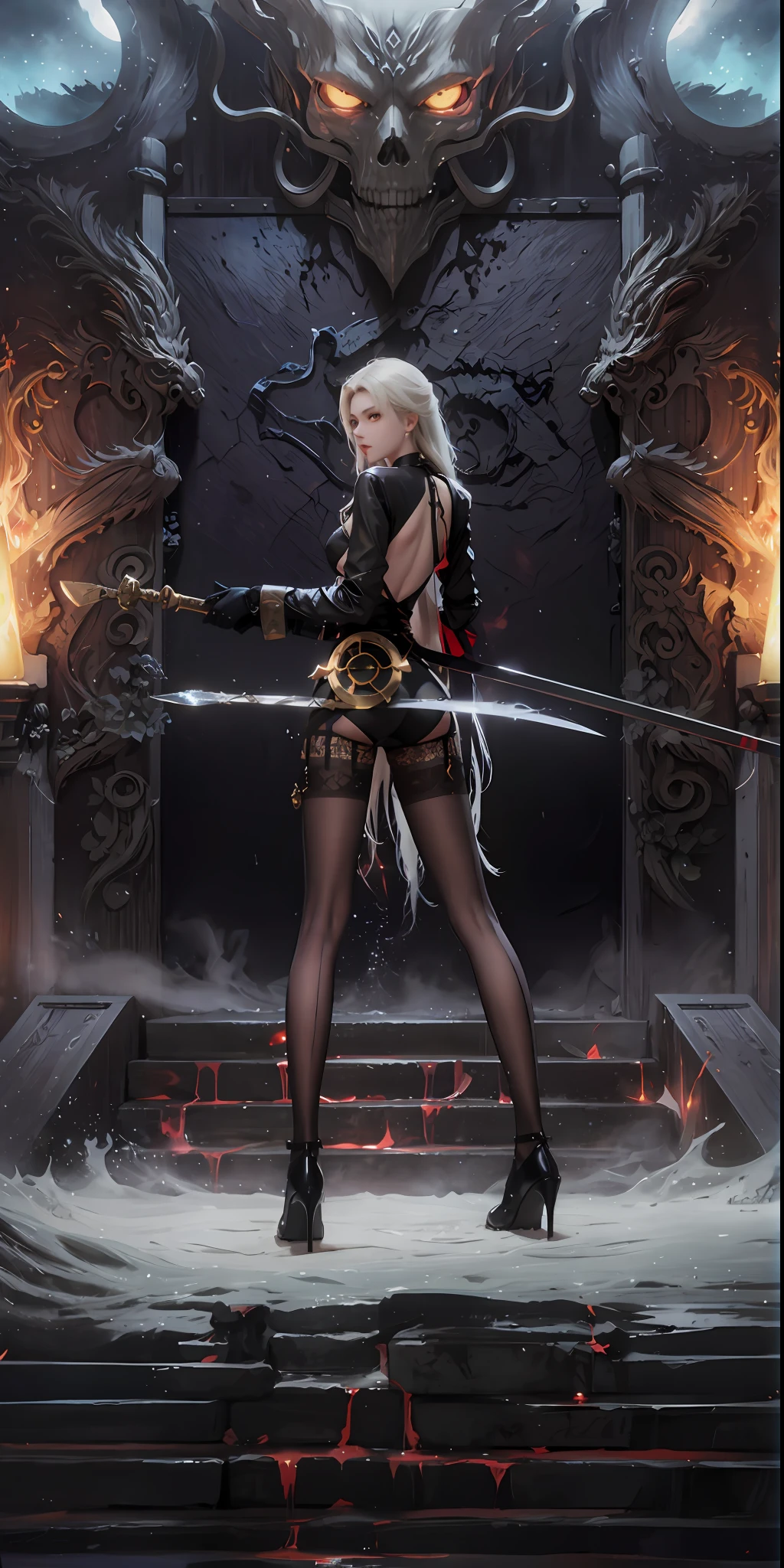 A blonde woman dressed in black stands on the steps in front of the demon throne with a sword, by Yang J, epic exquisite character art, chengwei pan on artstation, tithi luadthong, cgsociety and fenghua zhong, Stunning character art, G Liulian art style, Fanart Meilleure ArtStation, Inspired by Fenghua Zhong, author:Yang Jin