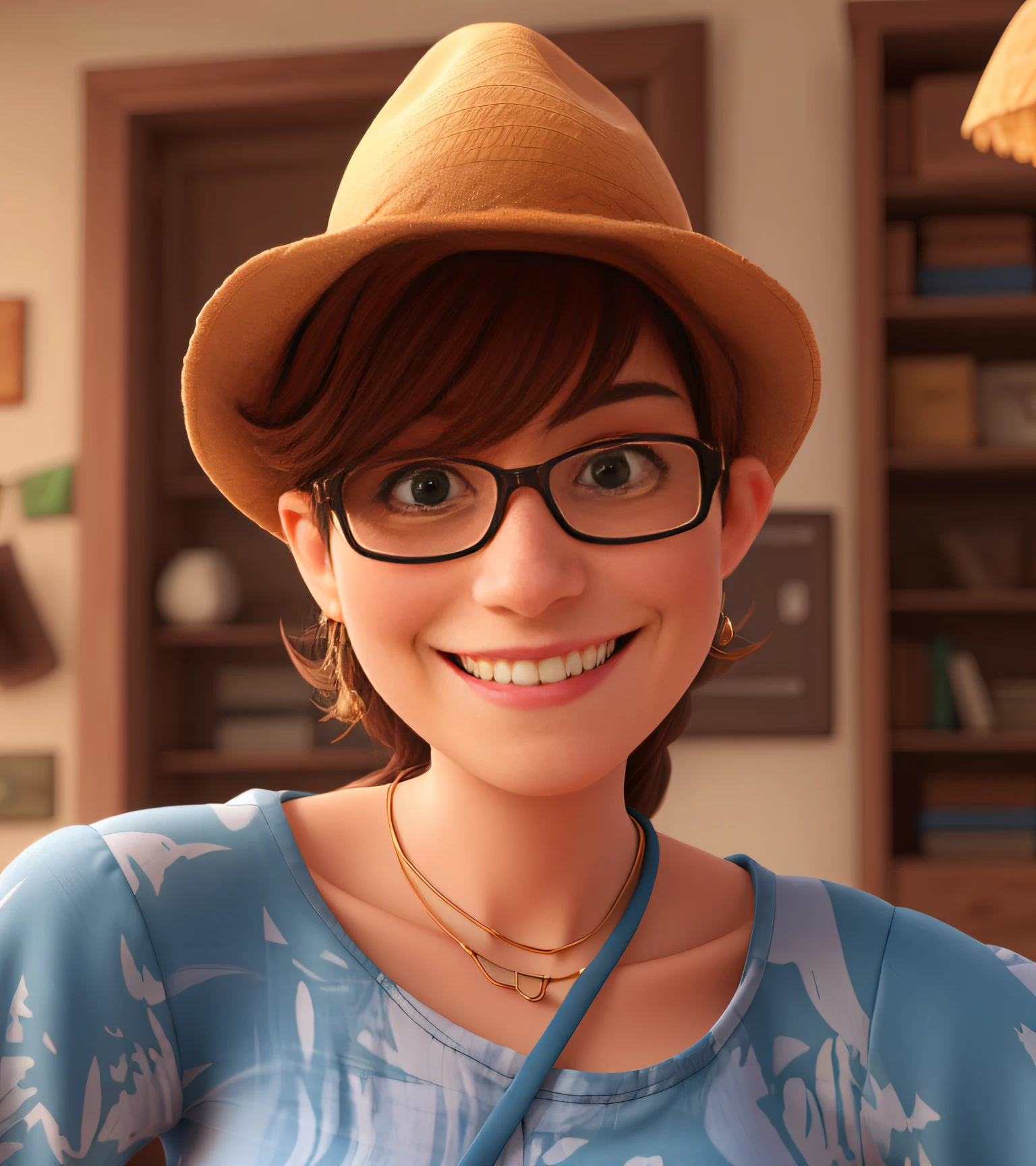 Smiling woman wearing a hat and glasses --auto