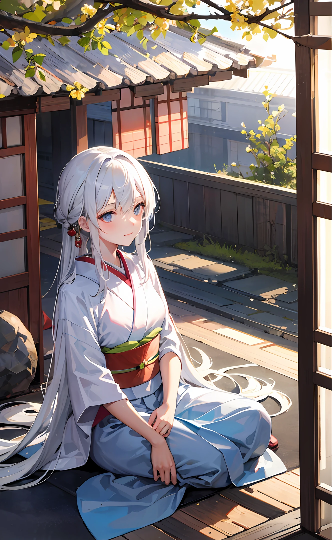 Long white hair, quiet and not smiling kimono girl
