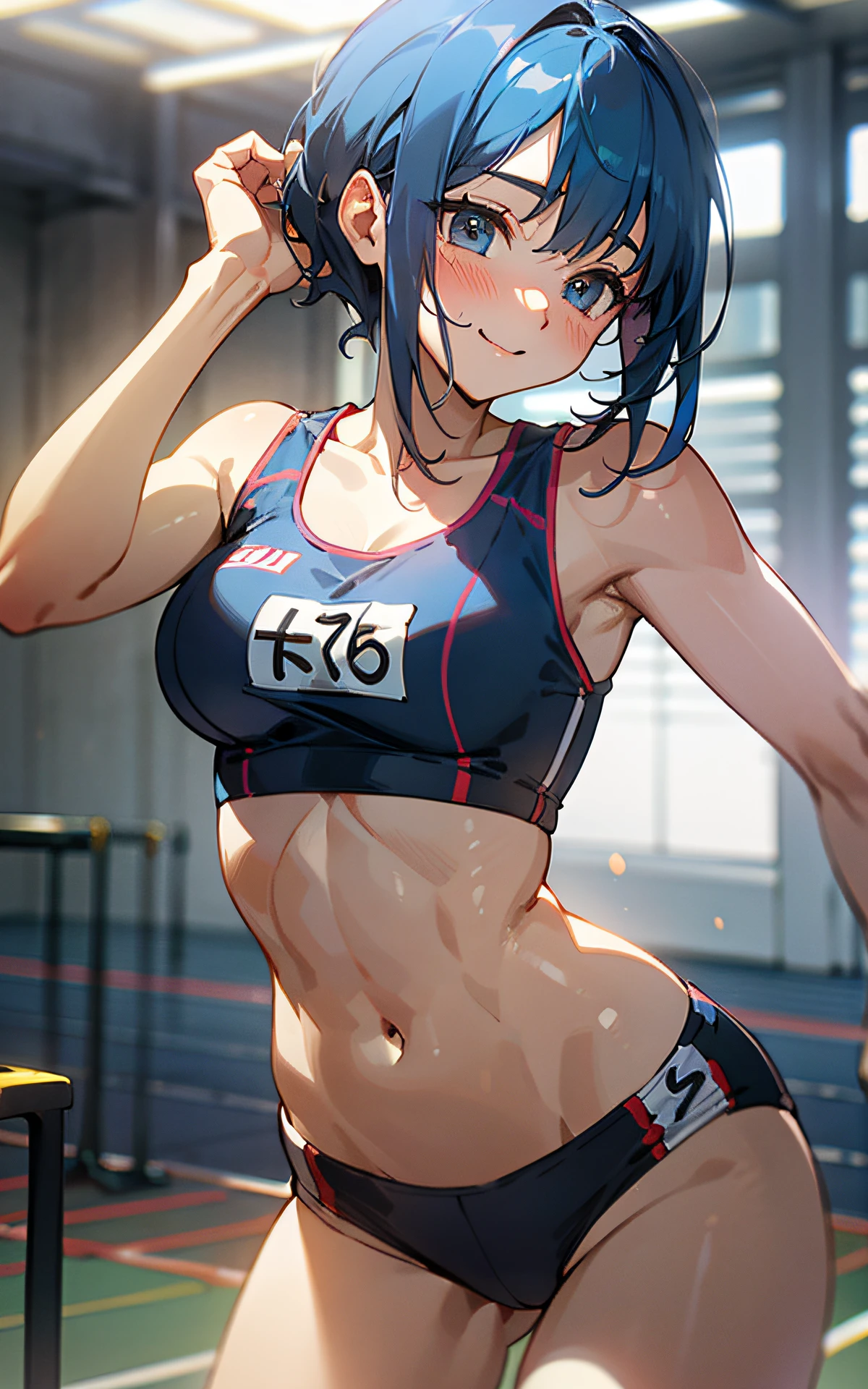 (Original Character、Unity 16K Wallpaper, Masterpiece, Best Quality, Ultra-Detailed, Extremely Detailed CG, Caustics, Cinematic Lighting, Detailed, Beautiful Detailed Eyes, solo), Ultra High Resolution, fine skin, (track and field:1.2) 、(strong light)、oily skin,smile , (sexy women)、Arena、separate、micro racing bloomers、show off belly,show off neck,sunny day、cowboy shot,blush,abs,kawaii,perspired、running shirt,bent over,from behind:1.2,hip focus 、blue hair