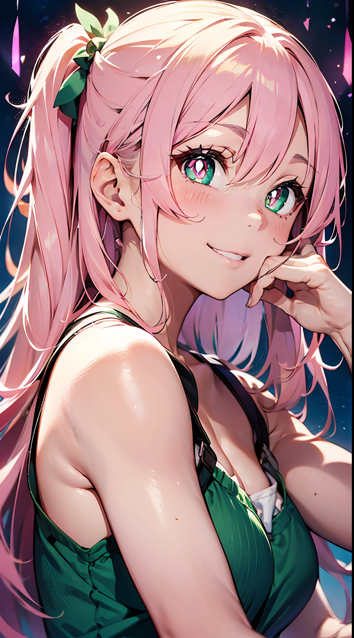 hand on own face.Laugh:2、happy.smile.Seen from the side(((masutepiece))),((ultra-detailliert,Best Quality, hight resolution)), (1 girl)((Pink hair, Long hair,Straight hair,two side up)) (Green eyes),eyeshadows, eye line,gloweyes, ultradetailed eyes, intricate eyes, Beautiful eyes, ((Glowing pink pupils))18-year-old girl.Camisole