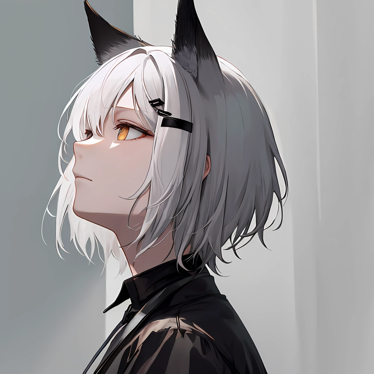 White hair,short detailed hair,Wolf ears,black hairclip,Masterpiece,Empty eyes