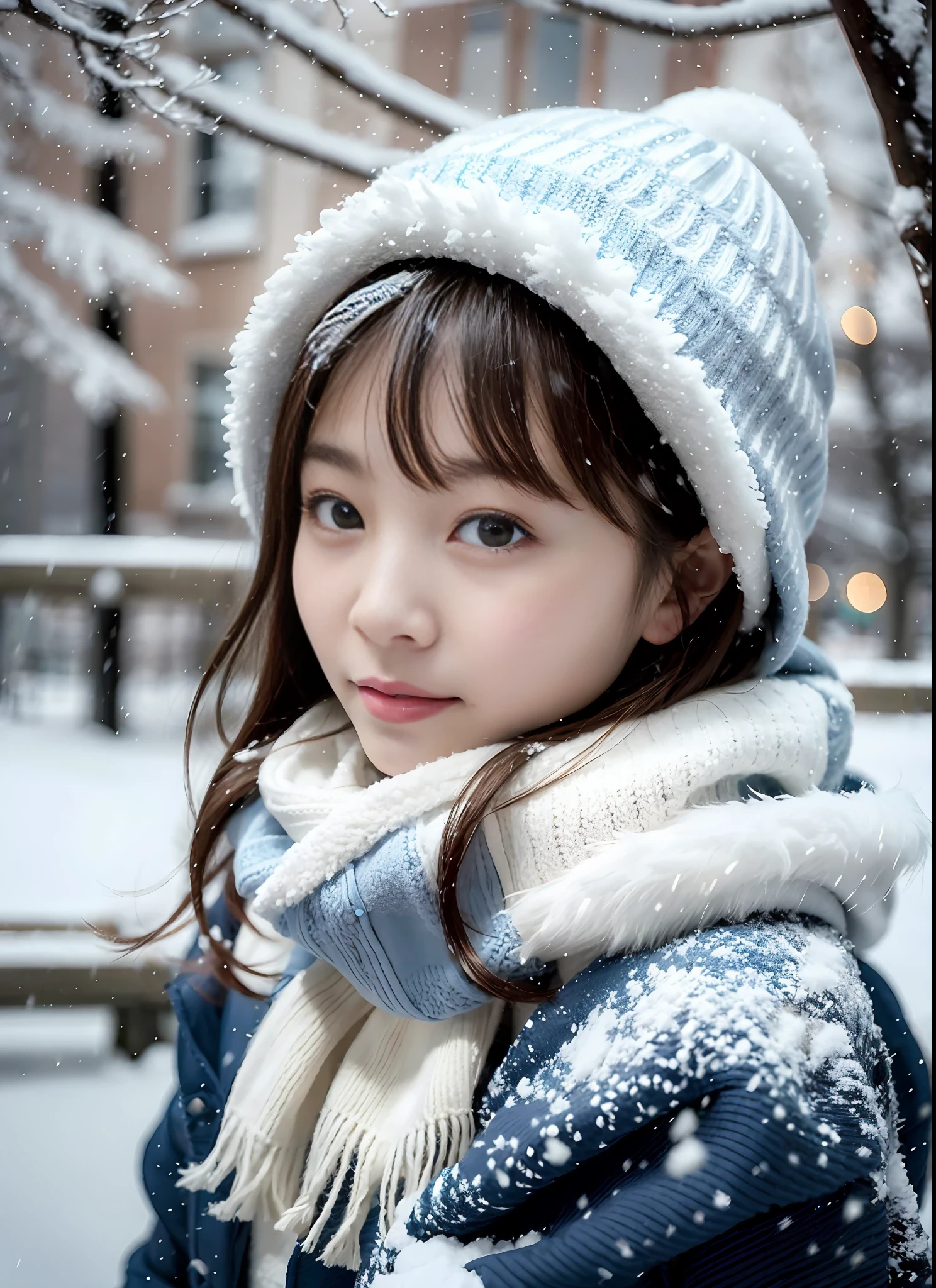 Alaf girl in blue coat and white hat and scarf, in snow, In the snow, covered in snow, cold as ice! 🧊, inspired by Ma Yuanyu, only snow i the background, snowy day, yuki, Cold snow outside, cold snowy, chiho, covered in snow, at winter, 8K)), Snow falling outside