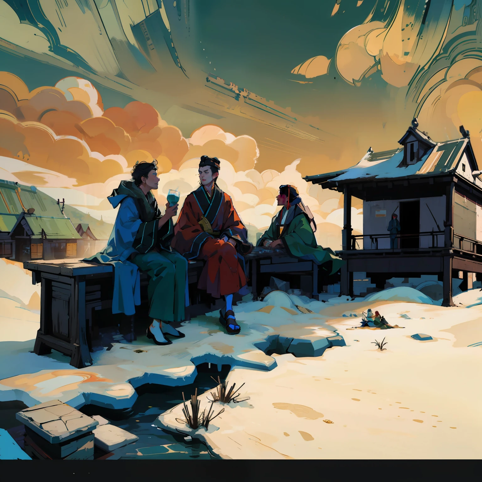 Three antique characters，wears a long robe，Sit in the pavilion，Surrounded by mountain peaks，mont，Mountain and river paintings，Ancient wind，High quality painting，Three teenagers，Green robe，Red robe，long blue robes，Noble costumes，opulent，Simple，Night，Three people sitting chatting and drinking，Ancient wind，Chinese Tang dynasty style，Tang dynasty style