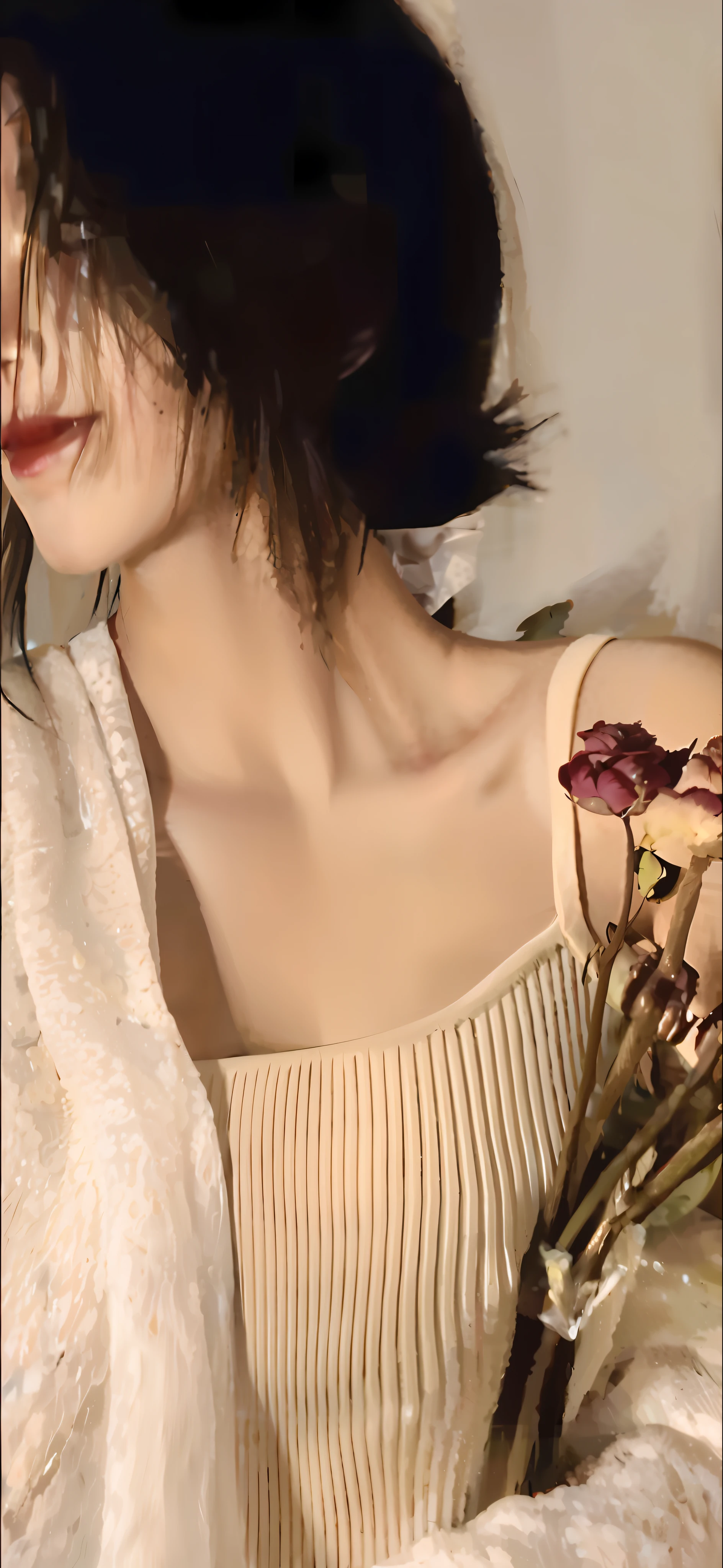 there is a woman holding a bunch of flowers in her hands, Middle metaverse, attractive neck, Wearing wheat yellow gauze, decolletage, With flowers, wearing camisole, aesthetics, ulzzangs, Beautiful image, décolleté, wearing white camisole, bra strap, A mix of aesthetics, pale fair skin!!