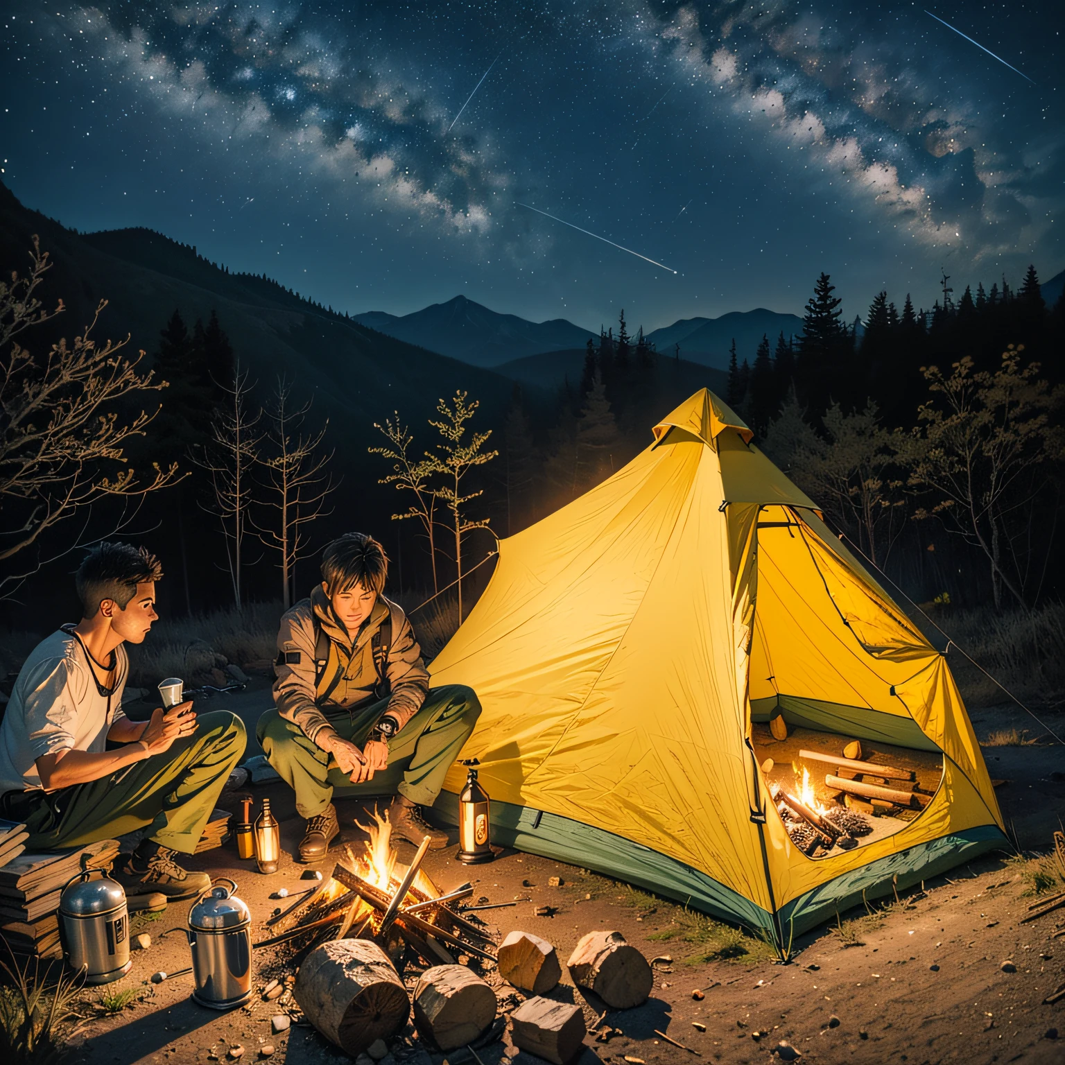 Beautiful woman camping under a starry sky outdoors in the evening --auto