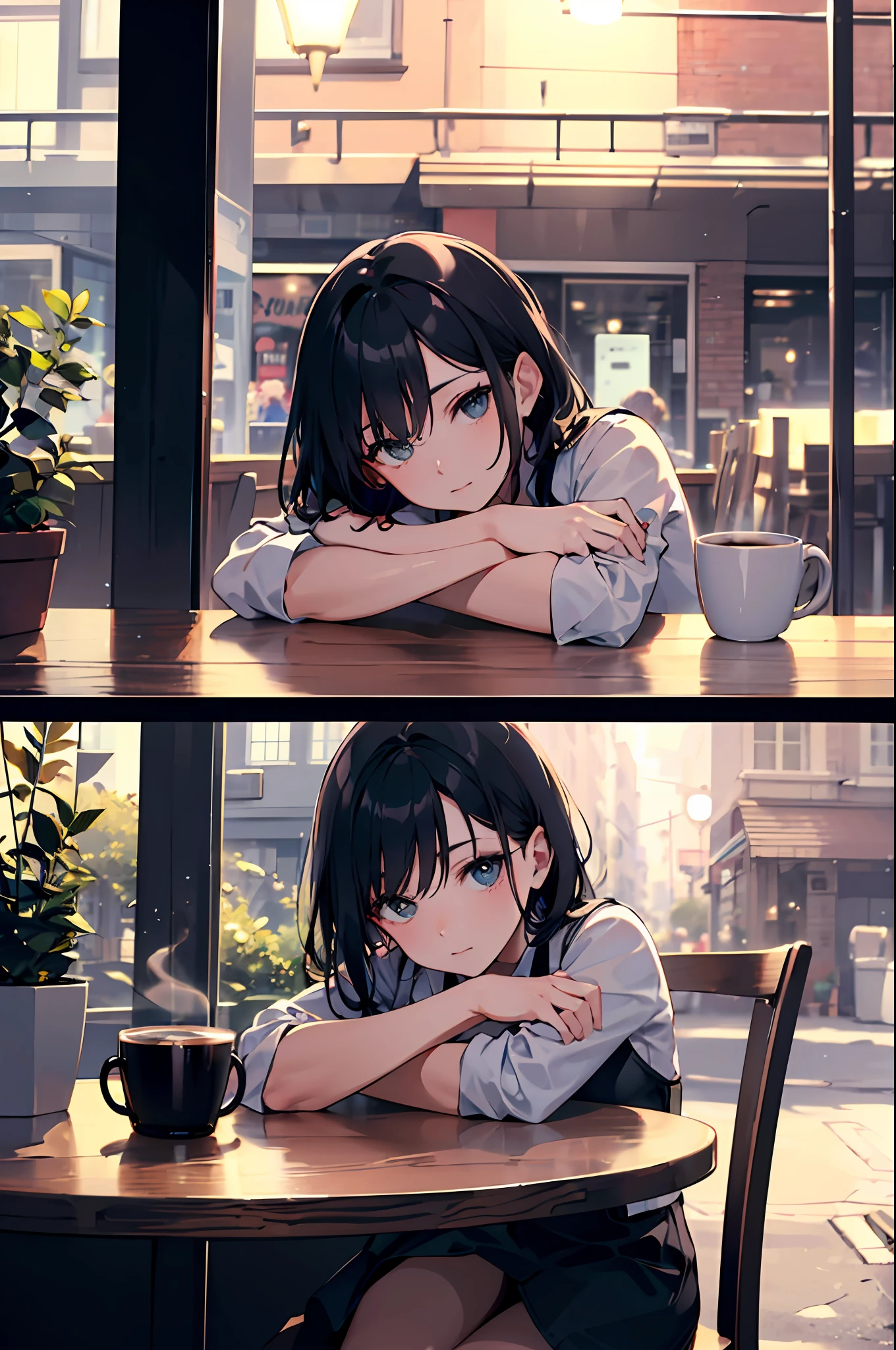 Amazingly cool woman with black hair sitting in café,((looking at the window)) ((Drink hot coffee while looking out the window at night)). She rests her elbows on the table, Exudes an air of elegance and beauty.Delicate touch