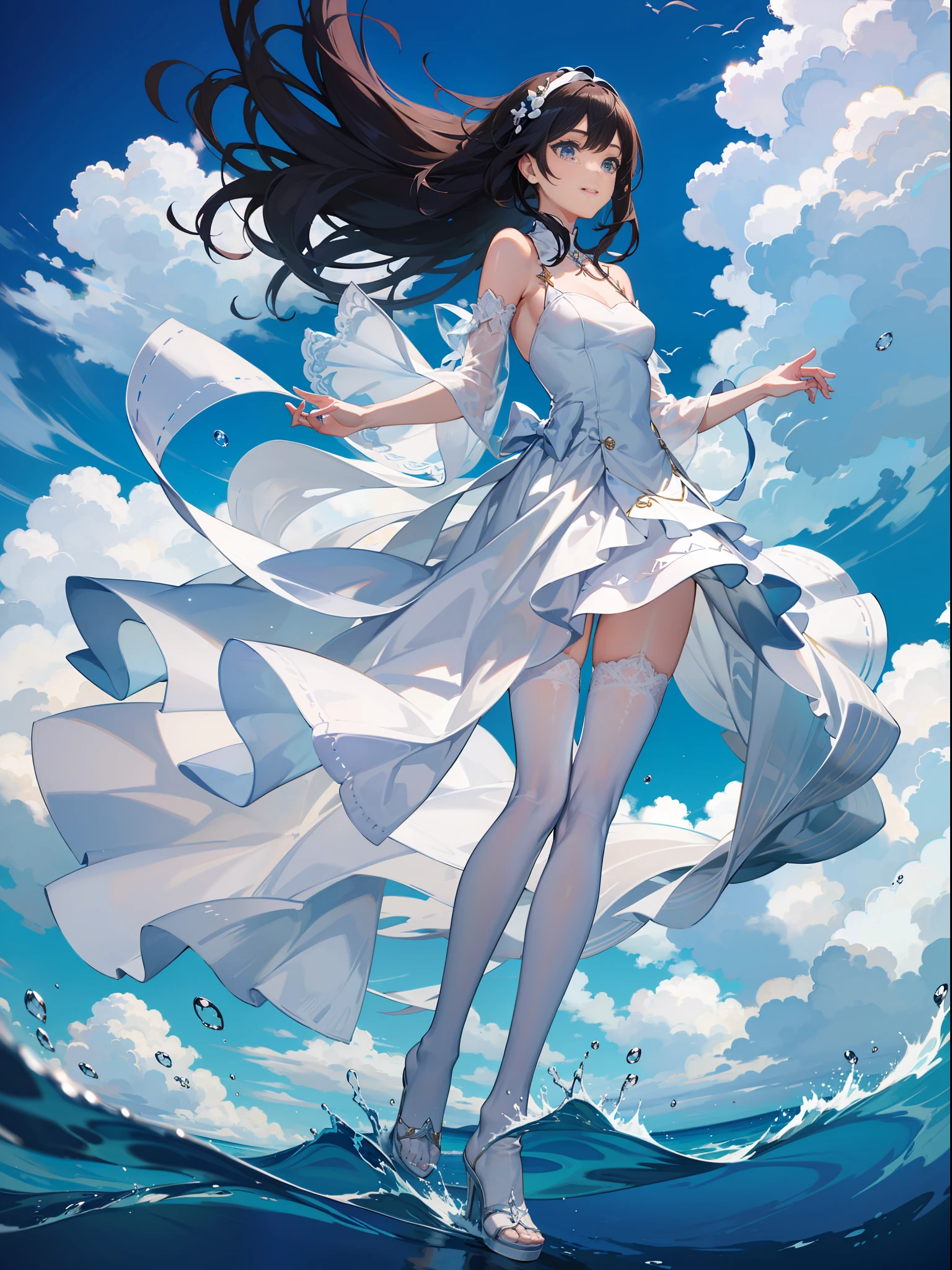 white dresses,depth of fields,ssee-through,Tilt forward,Floating hair,cabelos preto e longos,shift dresses,ssmile,exteriors,blue-sky,clouds,the ocean,white stockings