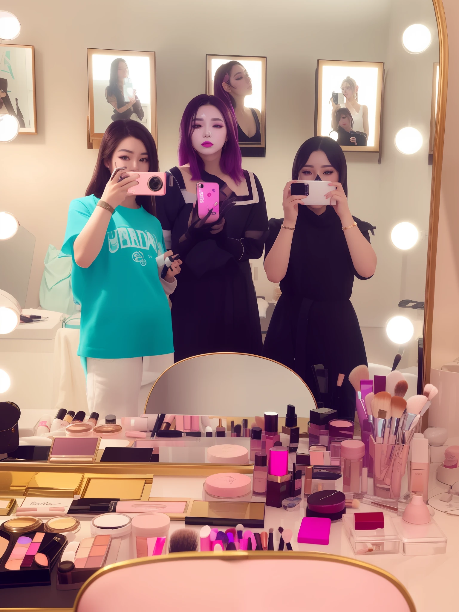 Three women taking pictures of themselves in the mirror in makeup, 3 sisters look into the mirror, professional make-up, 🤬 🤮 💕 🎀, Makeup, 8k selfie photograph, exclusive, behind the scenes photo, standing in front of a mirror, putting makeup on, yanjun cheng, Mirror selfie, make up, all looking at camera