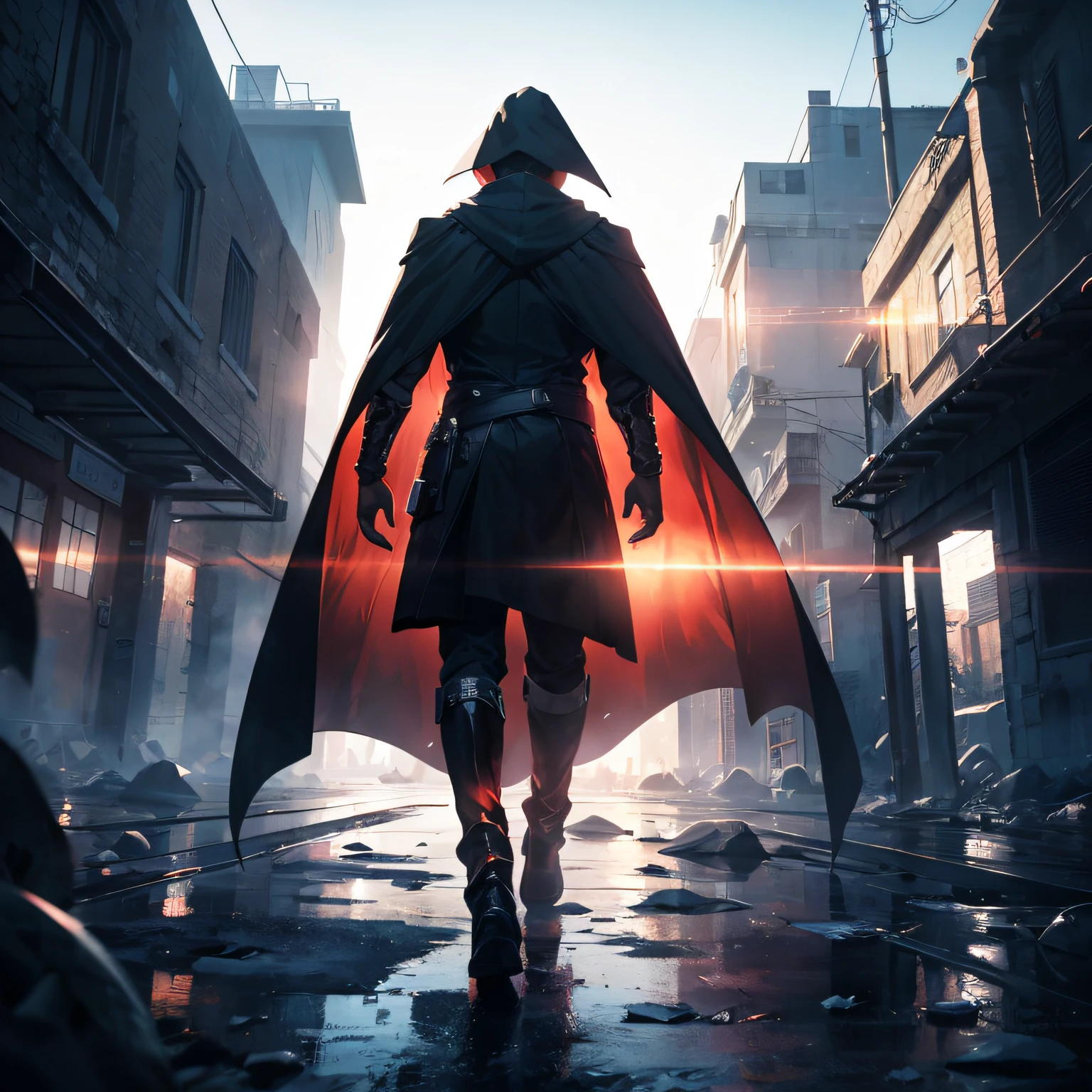 Light meets game scene，A black cloak，Gradient gray pants，Faceless man in cape against the background of dawn，The figure is extremely mysterious，The graphics are extreme，Deliver a stunning visual experience。 --auto