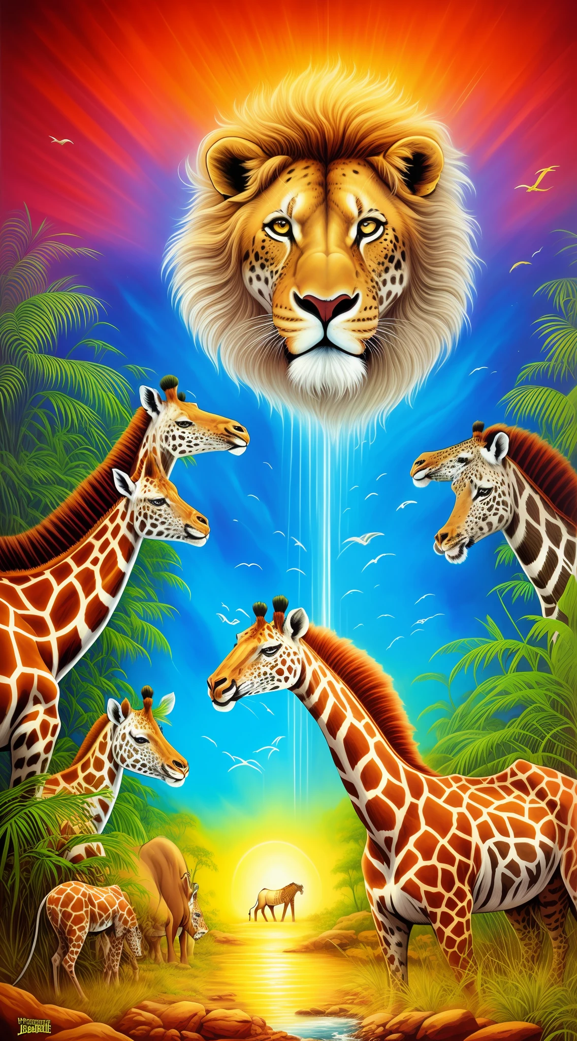 painting of Jesus God next to lion, hippo and giraffes in a jungle with a waterfall, incredible depth, Animais bonitos detalhados, pintura animal, Directed by: Lisa Frank, awesome art, awesome art, incredible depth, pintura bonita de um alto, pintura majestosa, Directed by: Ron Walotsky, Directed by: Joe Jusko, Fantastic Art, No estilo de Lisa Frank, inspirado em Joe Jusko, prophetic art