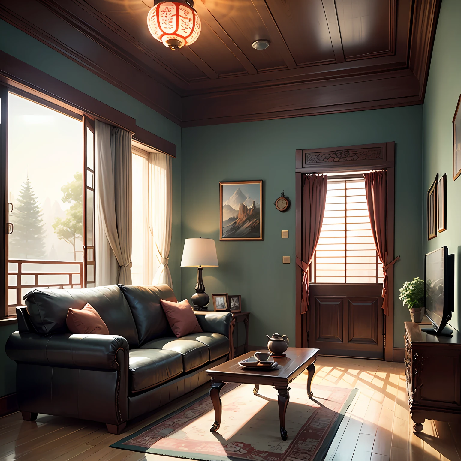 New Chinese style living room,Sofa background wall landscape painting,No main light --auto