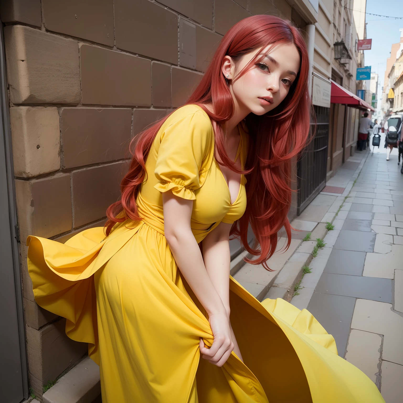 yellow clothing,bit girl,Long red hair,Need,tmasterpiece