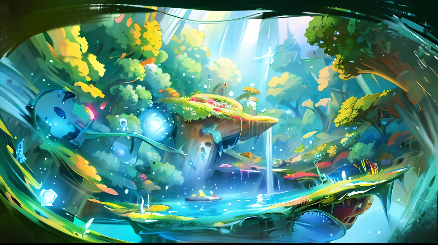 in style of hayao miyazaki,'s viewing,Balcony placement,The fish tank is clearly visible,The cat is reclining,Snoring,In your sleep;The scene is light,Intimate and harmonious。 --auto