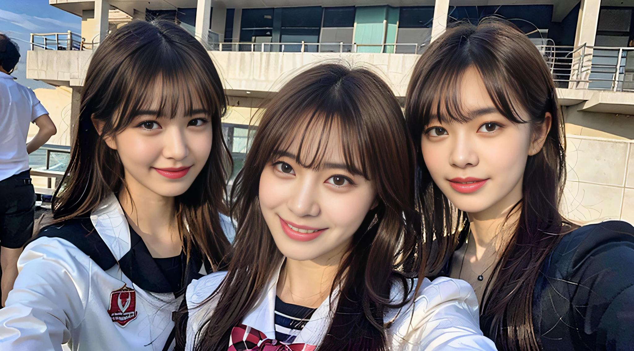(8K、Raw photography、top-quality、masterpiece:1.2)、ultra-detailliert、ultra res、(realisitic、Real Photographics:1.47)、(I enjoy fishing out to sea by boat)Above the sea、High school girl with fishing rod、Fishing、fishing rod、Full of heart、Heart pattern(Fantastic lighting)head to waist、、de pele branca、Fair-skinned female proofreading、An ultra-high picture quality、、Beautiful female proofreading reflecting in light、amazing detailed、Beautiful girls in very detailed、Faces with different patterns、Different face patterns、Each hairstyle has its own characteristics、Farbe々Hairstyle、Farbe々Hair color shining with clean light、I enjoy fishing on a boat、Brown hair shining in the light、One has a ponytail、、Modern cute high school girl、very detailed faces very detailed eyes、Very realistic skin、 extremely detailed fingers, highly detailed nose, highly detail mouth, perfect anatomia, Highly detailed sailor suit、、The details of their hair and uniforms shine through、Burning teeth and smiling、Realistic body, de pele branca, glistning skin, Slim body, Long straight hair, (Blunt bangs:1.2), , nixeu and sakimichan, TWICE, Seifuku, sakimichan, JK Uniform, wearing japanese school uniform, promo still, Larisa Manobal, Japan school uniform, japanese girl school uniform, alena aenami and lilia alvarado