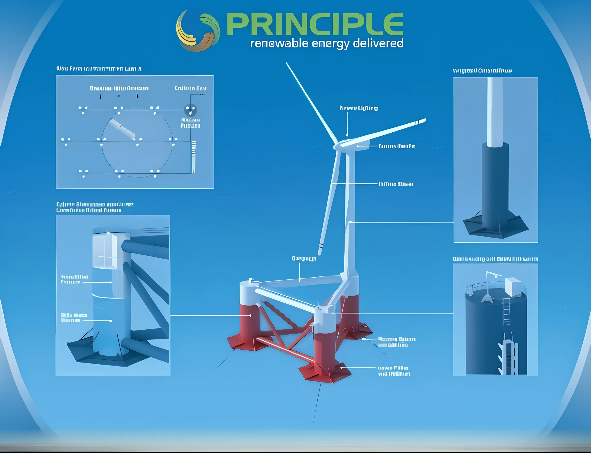 Diagram of a wind turbine with a single drawing, renewable energy, rendering of the windigo, turbines, floating power cables, vincent callebaut composition, Offshore wind, Wind turbines, conceito, pristine concept art, mockup, scientific diagram, concept model, concept artwork, conceito, Award-Awarded, detailed scientific diagram, concept-art,Marine environment,Offshore wind floating foundations
