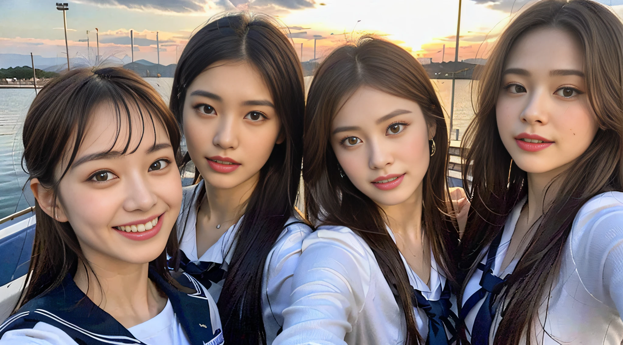 (8K、Raw photography、top-quality、masterpiece:1.2)、ultra-detailliert、ultra res、(realisitic、Real Photographics:1.47)、(Pointing here)Above the sea、High school girl with fishing rod、Fishing、fishing rod、Full of heart、Heart pattern(Fantastic lighting)head to waist、Pointing at the camera、de pele branca、Fair-skinned female proofreading、An ultra-high picture quality、、Beautiful female proofreading reflecting in light、amazing detailed、Beautiful girls in very detailed、Faces with different patterns、Different face patterns、Each hairstyle has its own characteristics、Farbe々Hairstyle、Farbe々Hair color shining with clean light、I enjoy fishing on a boat、Brown hair shining in the light、One has a ponytail、、Modern cute high school girl、very detailed faces very detailed eyes、Very realistic skin、 extremely detailed fingers, highly detailed nose, highly detail mouth, perfect anatomia, Highly detailed sailor suit、、The details of their hair and uniforms shine through、Burning teeth and smiling、Realistic body, de pele branca, glistning skin, Slim body, Long straight hair, (Blunt bangs:1.2), , nixeu and sakimichan, TWICE, Seifuku, sakimichan, JK Uniform, wearing japanese school uniform, promo still, Larisa Manobal, Japan school uniform, japanese girl school uniform, alena aenami and lilia alvarado