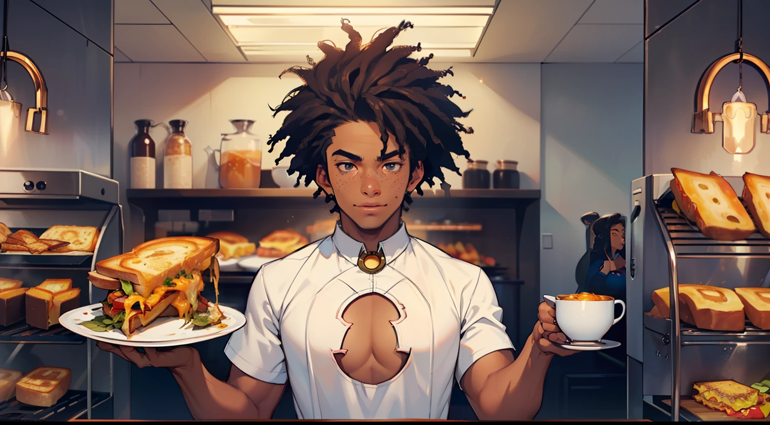 (male waiter:1.4),(best quality),(charming :1.6+confident: 1.3) demeanor, (keyhole cutout shirt:1.5),(grilled cheese:1.4, hot tea:1.4), Black afro hair, Tanned skin, Freckles.