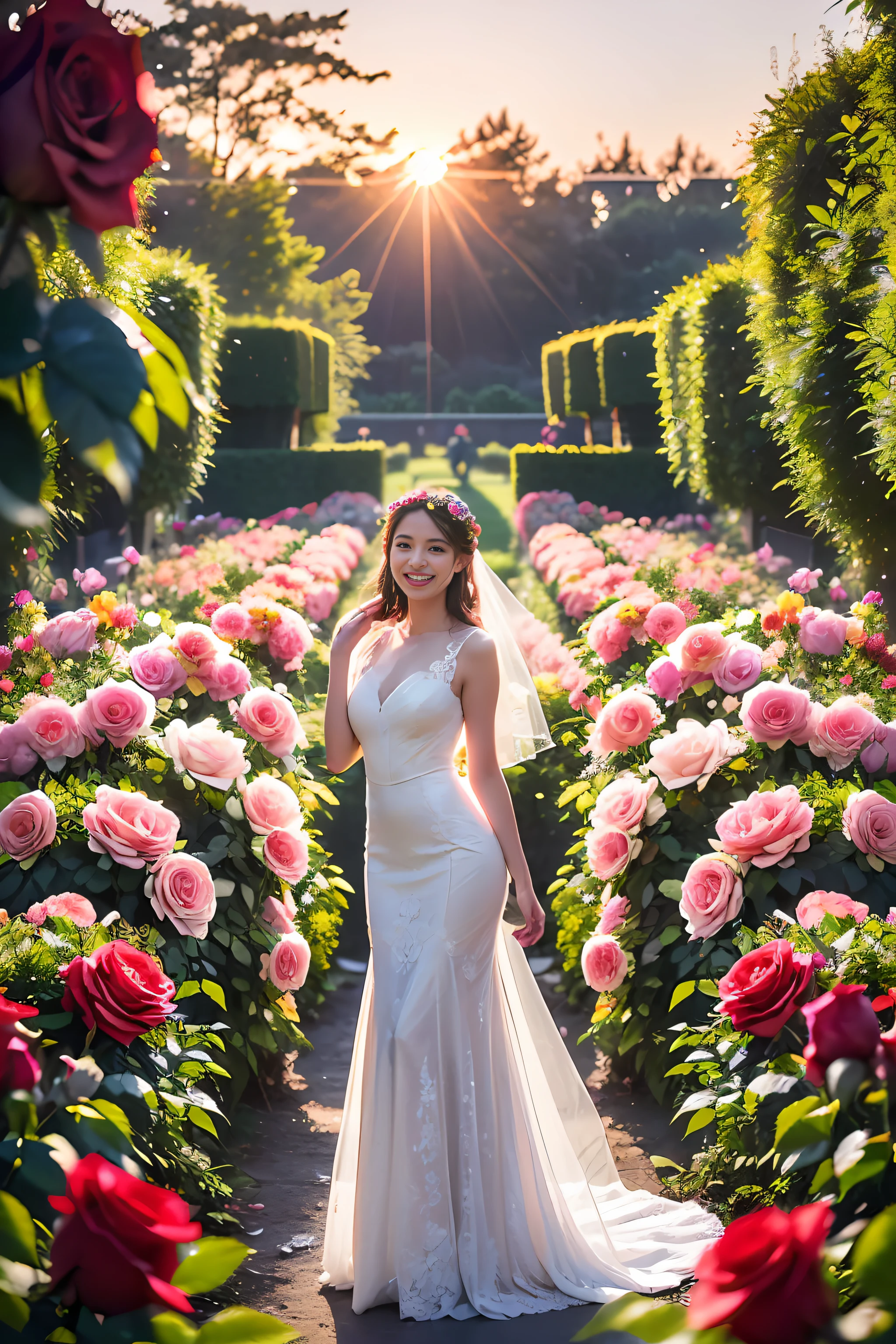((((Depth of field))),((((Sunset backlit),((Slim body)))),20 years old, twilight rays, lace wedding dress, flower crown, (((Rose tunnel))), rose front blur, bokeh, photorealistic, surrounded by colorful roses, ((smiling)))))), (mouth closed)))),(1 girl), ( Sunset:1.3), (8k, RAW photography, best quality, masterpiece:1.2), (realistic, photorealistic:1.37), best quality, ultra high resolution,(standing in a flower garden:1.3), (vivid and colorful:1.3)