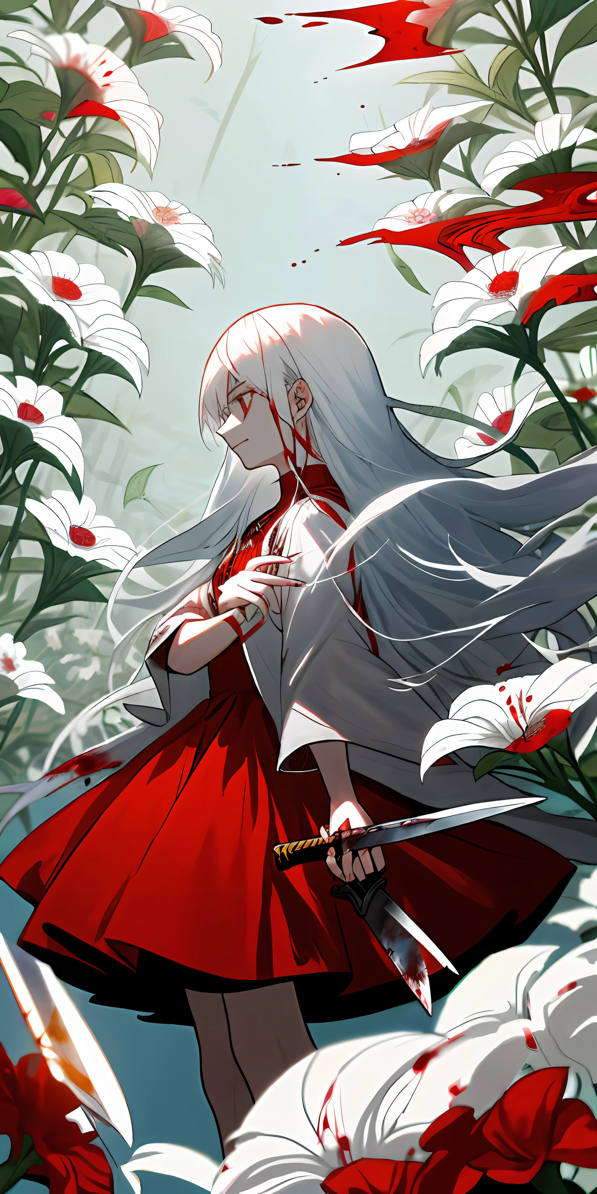 (tmasterpiece,best qualtiy),A long girl with white hair stands among the flowers on the other side of the red,She held a knife in her hand,,White and red dress,blood in face