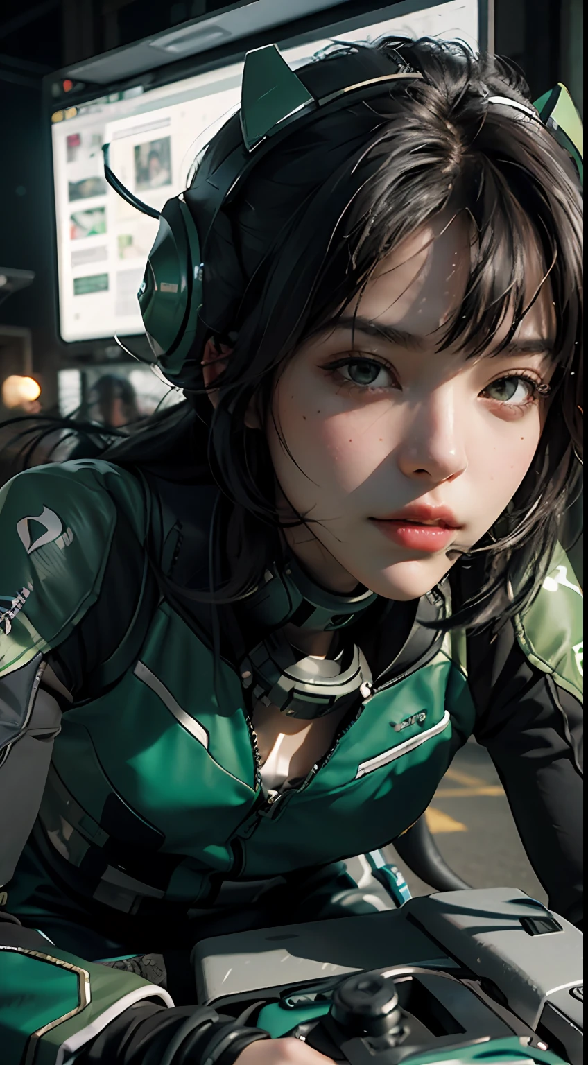 Highest image quality, outstanding details, ultra-high resolution, (realism: 1.4), the best illustration, favor details, highly condensed 1girl, with a delicate and beautiful face, dressed in a black and green mecha, wearing a mecha helmet, holding a directional controller, riding on a motorcycle, the background is a high-tech lighting scene of the future city.