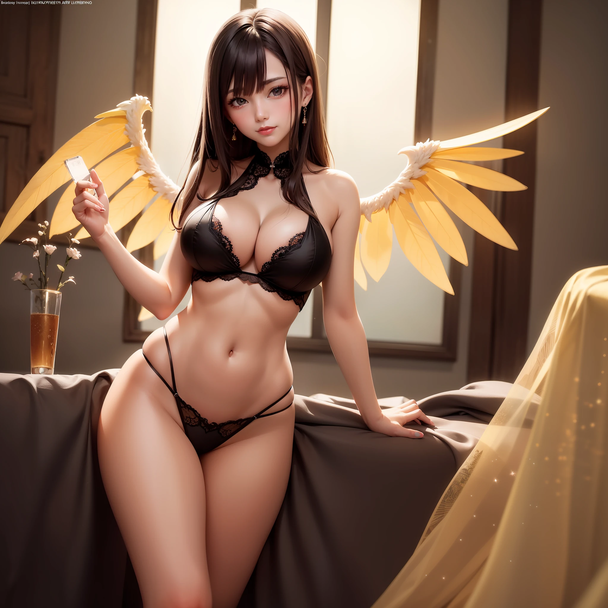 Gradient hair, pupils sparkling, Makeup, Shy, nervous smile, Raised sexy, big breasts exposed cleavage, ssee-through, low chest, Beautiful legs, Beautiful breasts and buttocks, Angelic face, Bright wings, Realism, Verism, Cinematic lighting, Depth of field, god light, in a panoramic view, Lens flare, Wide-angle, hyper HD, retinas, Masterpiece, ccurate, Textured skin, Super detail, High details, A high resolution, High quality, Best quality, Award-Awarded, 16k Dunhuang style --auto