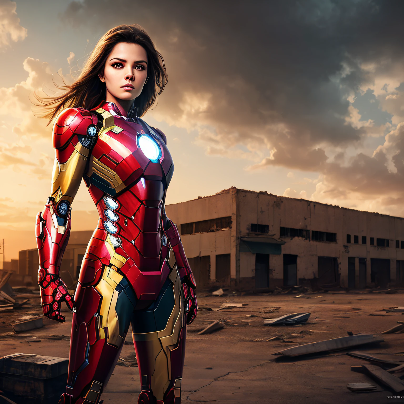 8k, realistic, attractive, highly detailed, a 20 year old girl a sexy and attractive woman inspired by Iron Man wearing a shiny Iron Man mech. She dresses with sexiness and confidence, perfectly interpreting Iron Man&#39;s strength and charisma. The abandoned warehouse serves as a backdrop, creating a unique atmosphere that highlights her bravery and perseverance. The cloudy sky adds a sense of tension and mystery to the whole scene. This high-definition, high-quality picture will bring you a shocking visual experience. The detailed abandoned warehouse and shiny mechs will keep your eyes on you. oc rendering, dramatic lighting, award winning quality --auto