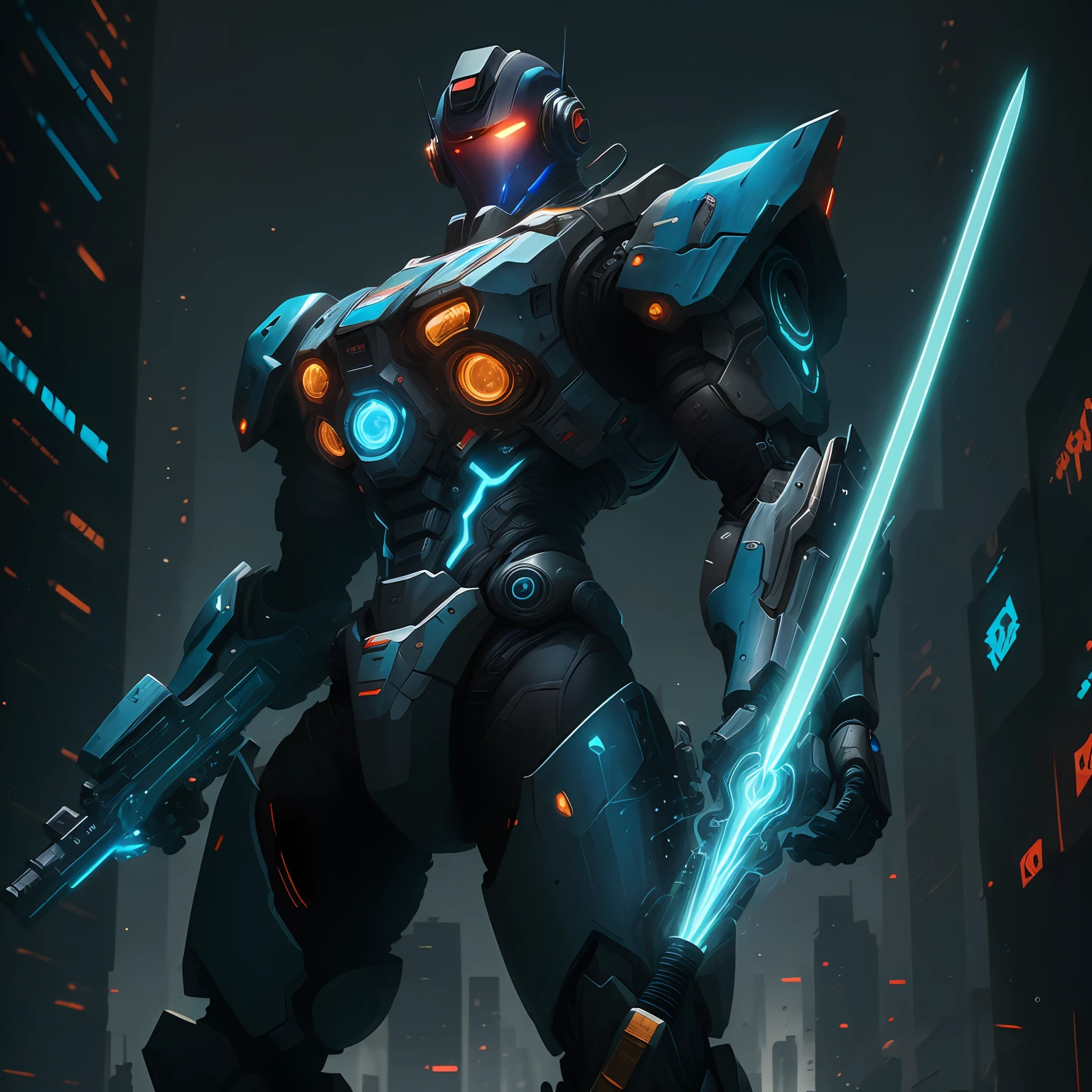 A blue mech with a sense of technology,The whole body shines with light,One of the representatives of the cyberpunk world,Holding a laser sword,Heroic and radiant。 --auto