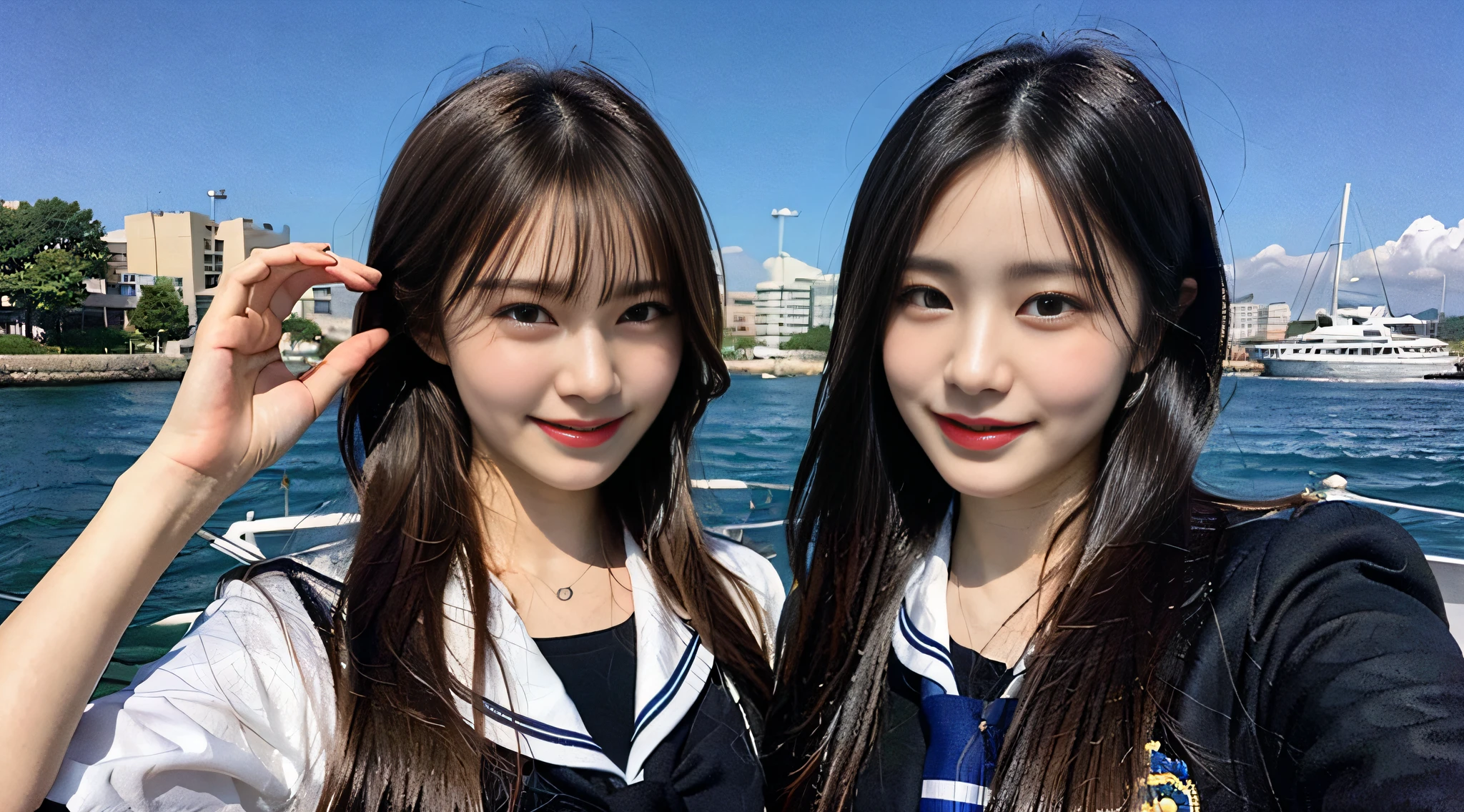 (8K、Raw photography、top-quality、masterpiece:1.2)、ultra-detailliert、ultra res、(realisitic、Real Photographics:1.47)、(I'm using a throwing kiss as a camera)Looking at the camera and kissing、kiss face、KISS、Kiss thrown at the camera、Above the sea、、Full of heart、Heart pattern(Fantastic lighting)head to waist、、de pele branca、Fair-skinned female proofreading、An ultra-high picture quality、、Beautiful female proofreading reflecting in light、amazing detailed、Beautiful girls in very detailed、Faces with different patterns、Different face patterns、Each hairstyle has its own characteristics、Farbe々Hairstyle、Farbe々Hair color shining with clean light、I enjoy fishing on a boat、Brown hair shining in the light、One has a ponytail、、Modern cute high school girl、very detailed faces very detailed eyes、Very realistic skin、 extremely detailed fingers, highly detailed nose, highly detail mouth, perfect anatomia, Highly detailed sailor suit、、The details of their hair and uniforms shine through、Burning teeth and smiling、Realistic body, de pele branca, glistning skin, Slim body, Long straight hair, (Blunt bangs:1.2), , nixeu and sakimichan, TWICE, Seifuku, sakimichan, JK Uniform, wearing japanese school uniform, promo still, Larisa Manobal, Japan school uniform, japanese girl school uniform, alena aenami and lilia alvarado