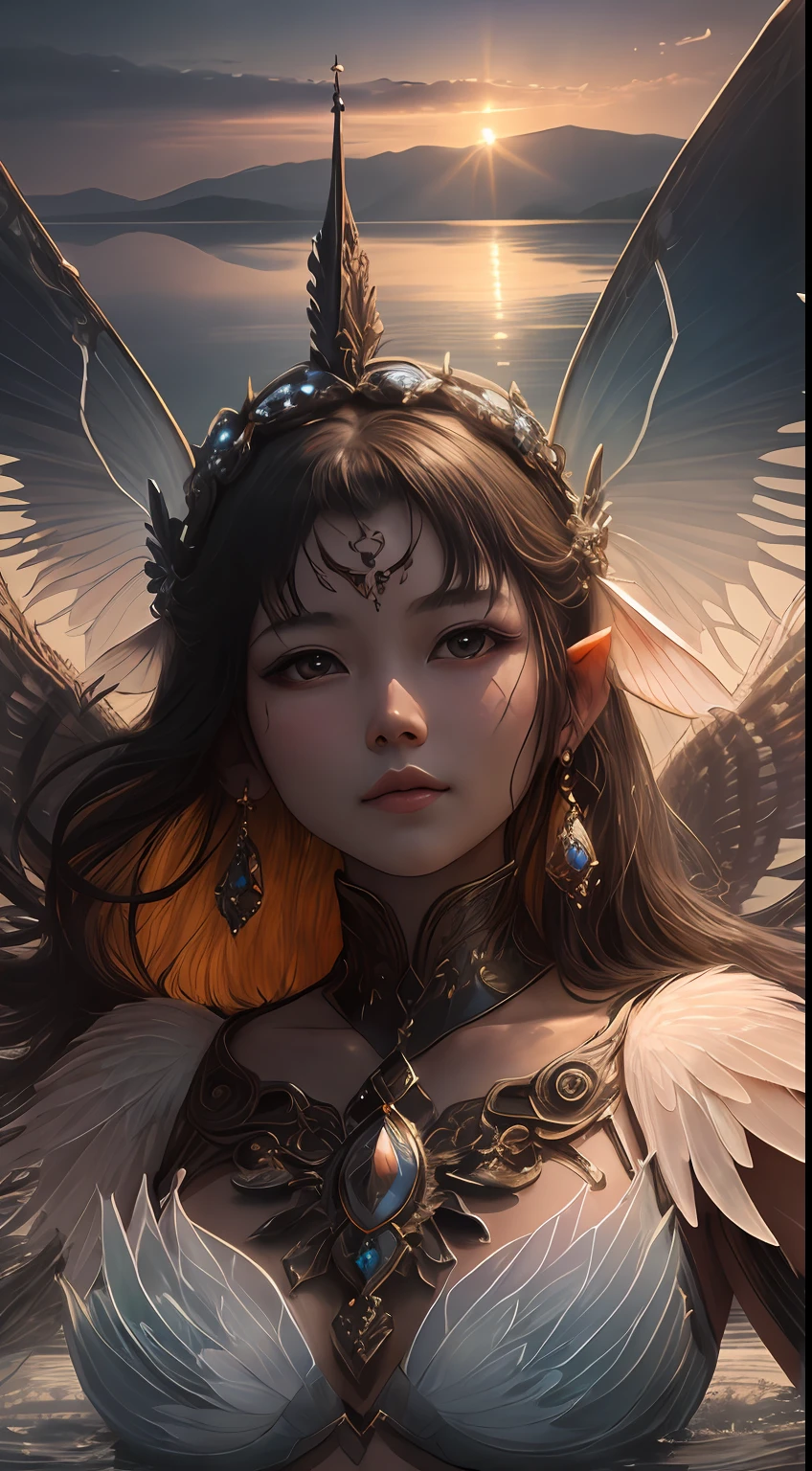 Portrait of a bust figure，tiny faeries, （best qualtiy，8K，tmasterpiece:1.3），Petite body，（美丽细致的眼睛）， （Super detail）， （Desktop wallpapers）， Beautiful face，（Detailed face）， Clear facial features，Human ears，perfect figure beautiful woman:1.4 ，Huge wings，Symmetrical transparent wings, stunning detailed，（（dynamicposes）Bathe in the lake water），Gentle sunshine，Huge wings surround the body
