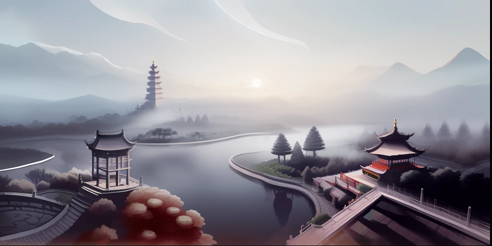 Chinese martial arts style, large area sky, ink style, outline light, atmospheric atmosphere, depth of field, mist rising, lake water, lotus flowers and leaves, small boats, pine trees, octagonal stone pavilions, arch bridges, night view,(No color)