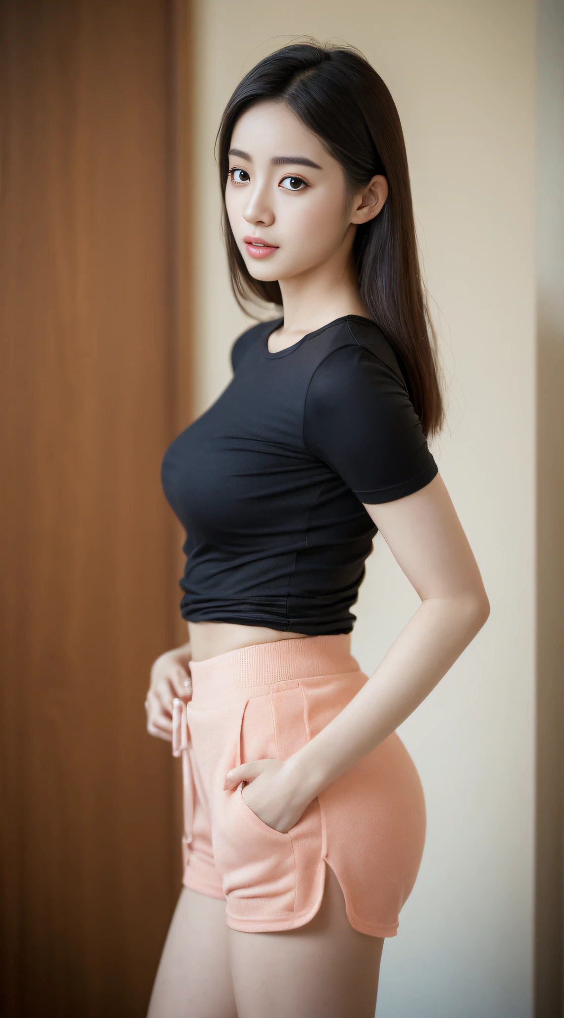 A woman wearing a tight T-shirt and tight shorts poses for a photo,A photograph inspired by Ma Yuanyu,Tumblr,hentail realism,dilraba dilmurat,beautiful Korean women,Korean girls,cute korean actress,Beautiful Korean young woman,gorgeous korean young woman,Young and cute Korean face,Kim Young-hin,ruan jia beautiful!,Korean female fashion model