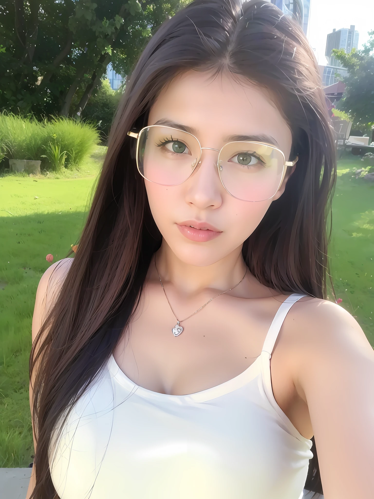 Arad woman posing for photo wearing glasses and white vest, 8k selfie photograph, With glasses, wearing thin large round glasses, with square glasses, f / 1. 9 6. 8 1 mm ISO 4 0, Li Zixin, Clear lips and high quality, zmonzheng, Glasses, eye glass, 19-year-old girl