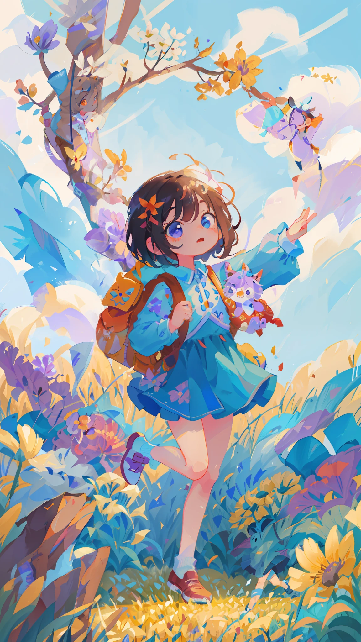 cartoon girl in a field of flowers with a backpack, childrens art in artstation, cute detailed digital art, cute art style, cute detailed artwork, adorable digital painting, girl in flowers, cute digital art, girl dancing in a flower field, full body portrait of a short!, girl in a flower field, a beautiful artwork illustration, girl jumping in a flower field