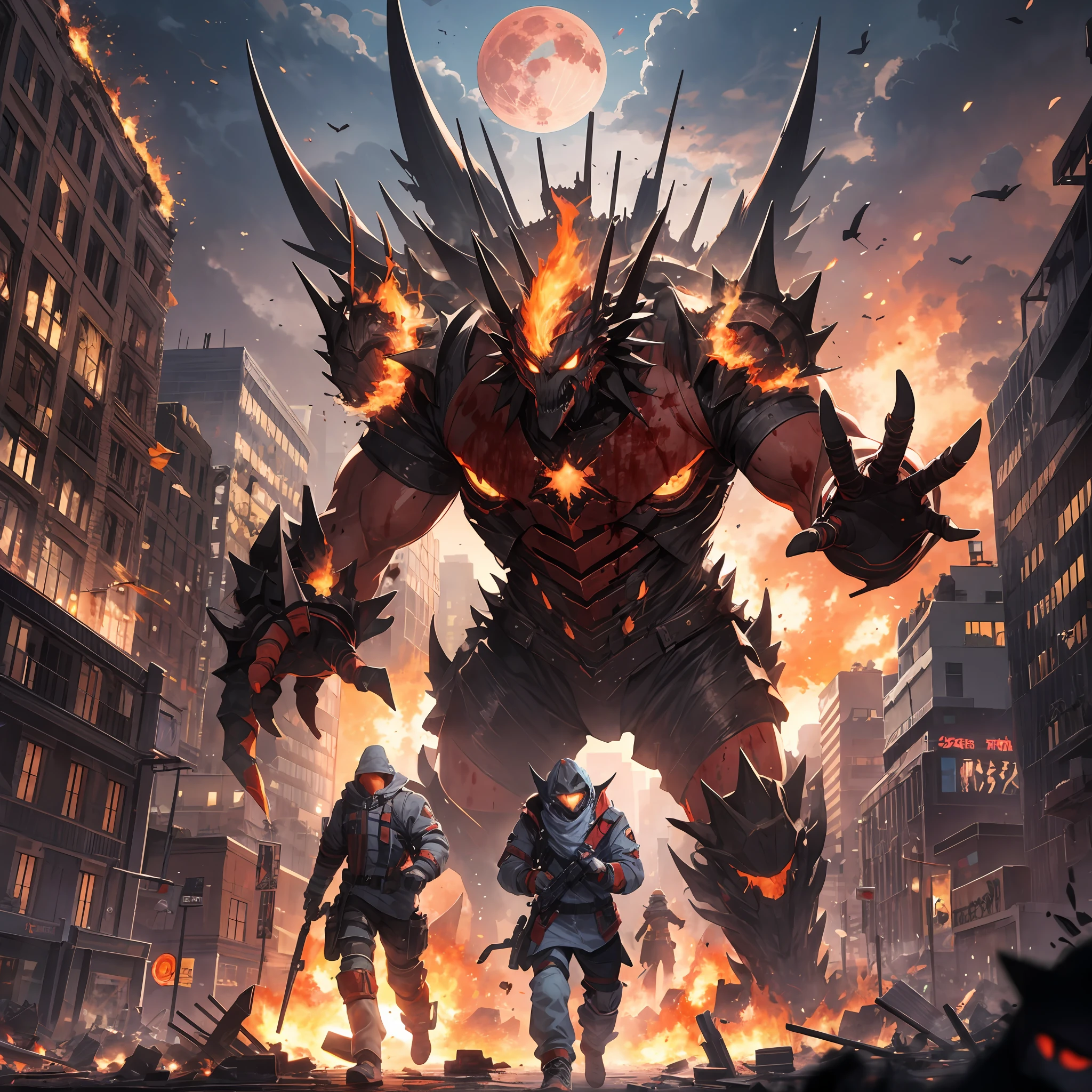 Blood moon, city, huge monsters in the destruction of city tall buildings, fighter bombardment monsters, fire, explosions