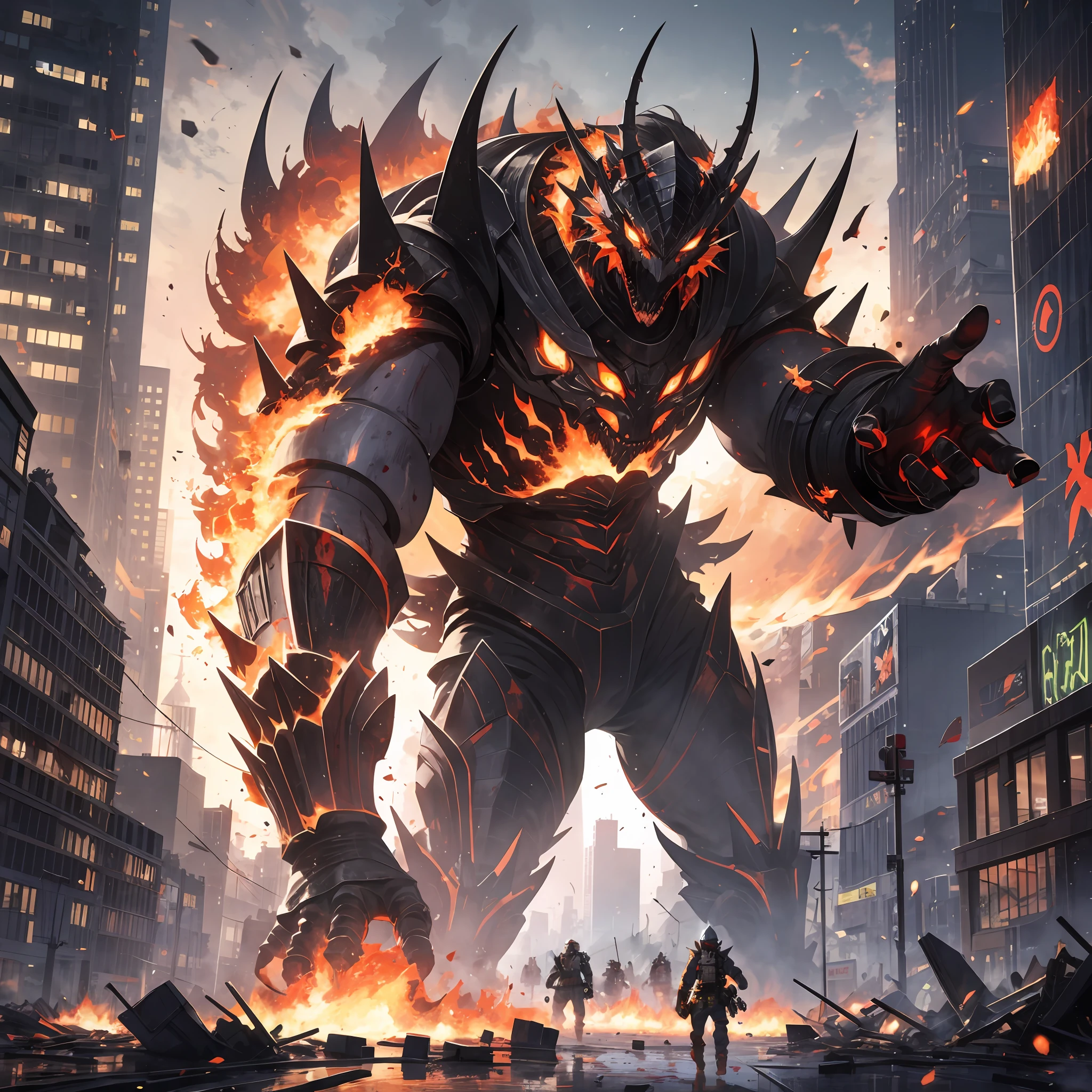 Blood moon, city, huge monsters in the destruction of city tall buildings, fighter bombardment monsters, fire, explosions