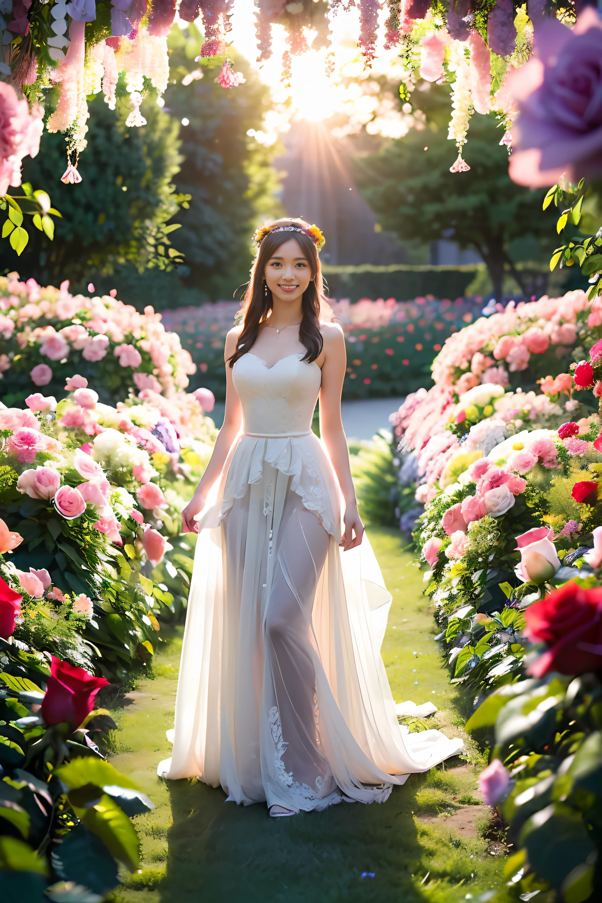 ((((Depth of field))),((((Sunset backlit),((Slim body)))),20 years old, twilight rays, lace wedding dress, flower crown, (((Rose tunnel))), rose front blur, bokeh, photorealistic, surrounded by colorful roses, ((smiling)))))), (mouth closed)))),(1 girl), ( Sunset:1.3), (8k, RAW photography, best quality, masterpiece:1.2), (realistic, photorealistic:1.37), best quality, ultra high resolution,(standing in a flower garden:1.3), (vivid and colorful:1.3)