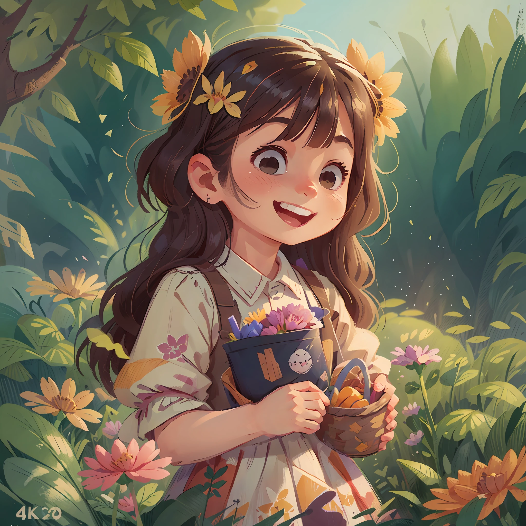 Tips:A very charming girl with a basket of flowers,Enjoy the lovely spring season surrounded by beautiful green flowers and nature, Smile warmly and brightly。The illustration is a high-definition illustration in 4K resolution,With very detailed facial features and cartoon-style visuals。