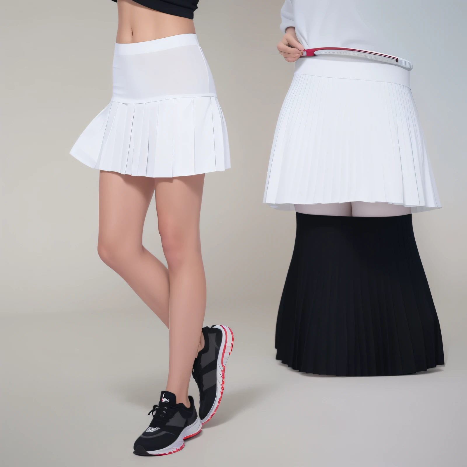 Two women standing together with tennis rackets, White and black clothing, tennis wear, Pleated miniskirt, wearing white skirt, White skirt, Pleated skirt, white and black, wide skirt, layered skirts, Wearing a skirt, wearing dresses, White miniskirt, product introduction photos, mini-skirts, hip skirt wings