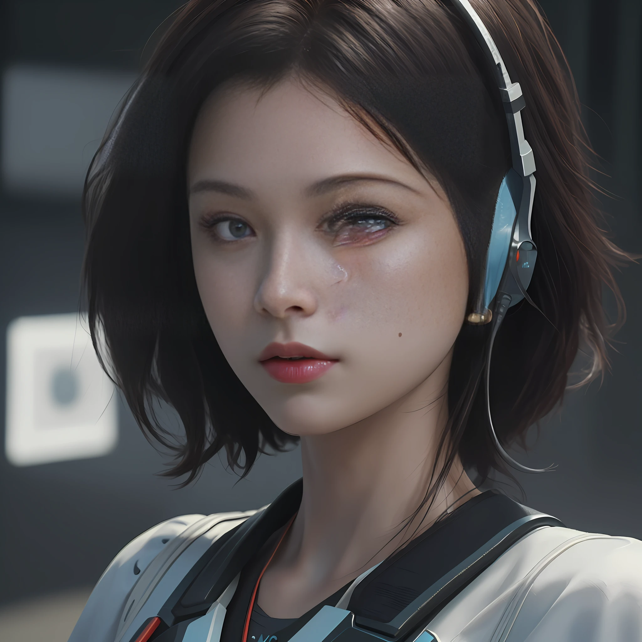 RAW, (8k, best quality, masterpiece: 1.2), (complex detail: 1.4), (photorealism: 1.4), octane rendering, complex 3d rendering super fine, studio soft light, edge light, vibrant detail, super fine, (realistic skin texture: 2), beautiful delicate face, beautiful delicate eyes, extremely detailed CG uniform 8k wallpaper, makeup, (perfect anatomy), (epic), (masterpiece, top quality, best quality, official art, Aesthetics and aesthetics: 1.2), very detailed, colorful, highest detail (super detail)), (highly detailed CG illustration), (very delicate and beautiful), (viewed from the side), cinematic light, city, 1 girl, solo, headphones, cyberpunk