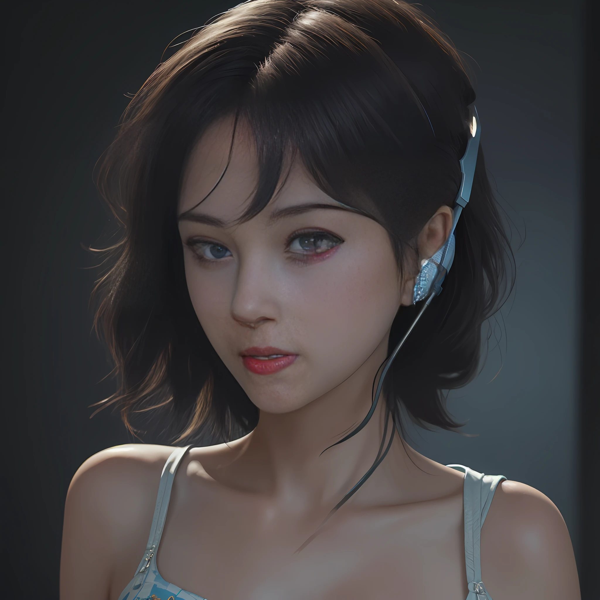 RAW, (8k, best quality, masterpiece: 1.2), (complex detail: 1.4), (photorealism: 1.4), octane rendering, complex 3d rendering super fine, studio soft light, edge light, vibrant detail, super fine, (realistic skin texture: 2), beautiful delicate face, beautiful delicate eyes, extremely detailed CG uniform 8k wallpaper, makeup, (perfect anatomy), (epic), (masterpiece, top quality, best quality, official art, Aesthetics and aesthetics: 1.2), very detailed, colorful, highest detail (super detail)), (highly detailed CG illustration), (very delicate and beautiful), (viewed from the side), cinematic light, city, 1 girl, solo, headphones, cyberpunk